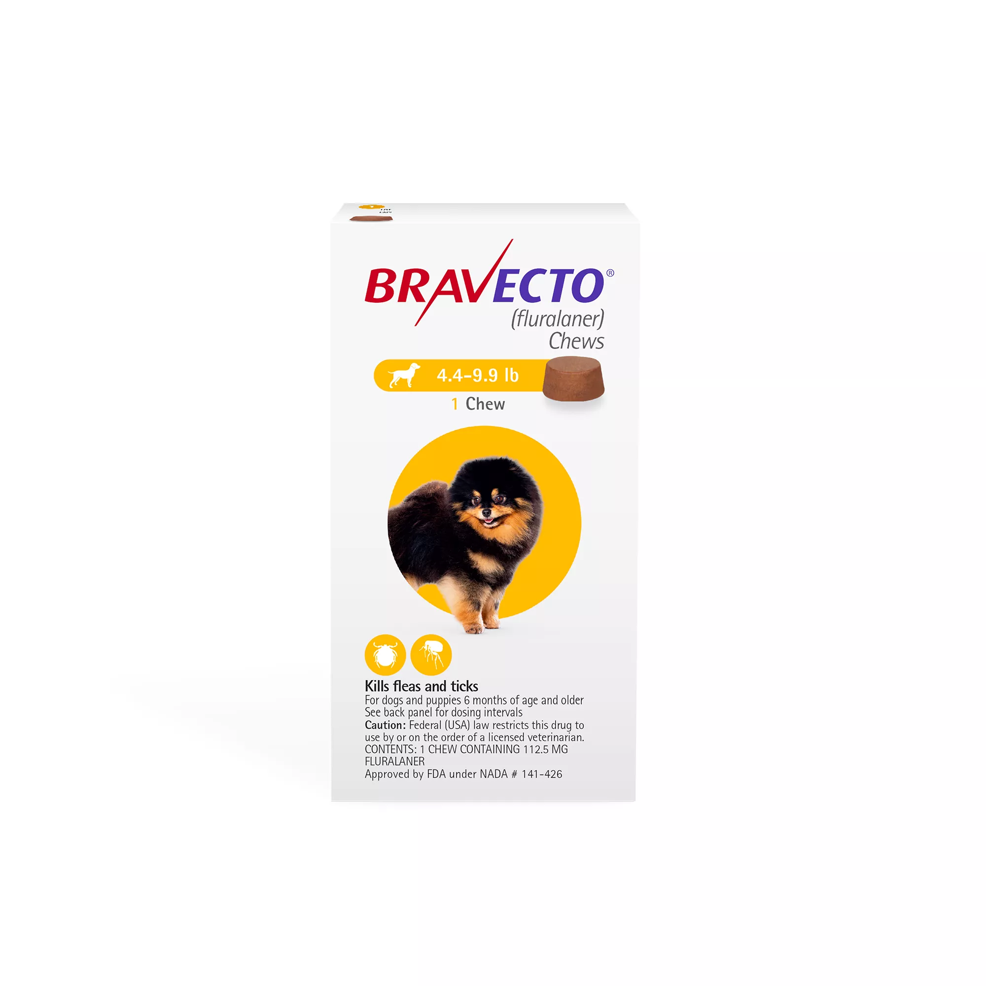 Bravecto Chews 4.4-9.9 lbs Yellow, 112.5 mg 1 chewable, 12 weeks acting