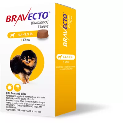 Product Bravecto Chews 4.4-9.9 lbs Yellow, 112.5 mg 1 chewable, 12 weeks acting