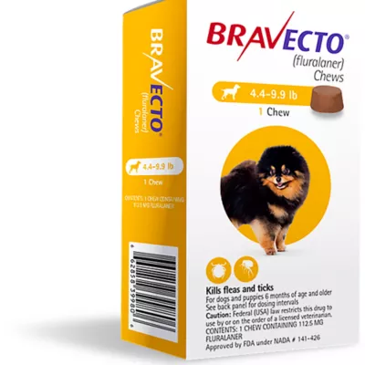 Product Bravecto Chews 4.4-9.9 lbs Yellow, 112.5 mg 1 chewable, 12 weeks acting