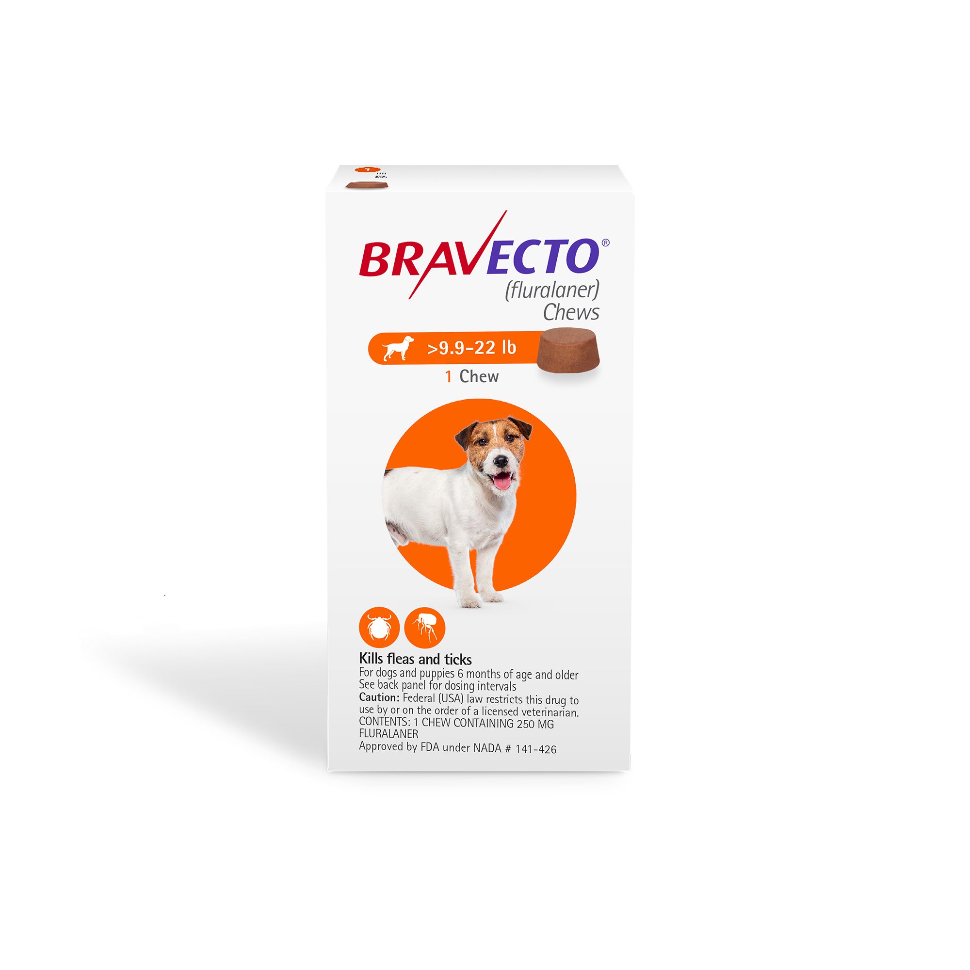 Bravecto Chews 9.9 22 lbs Orange 250 mg 1 chewable 12 weeks