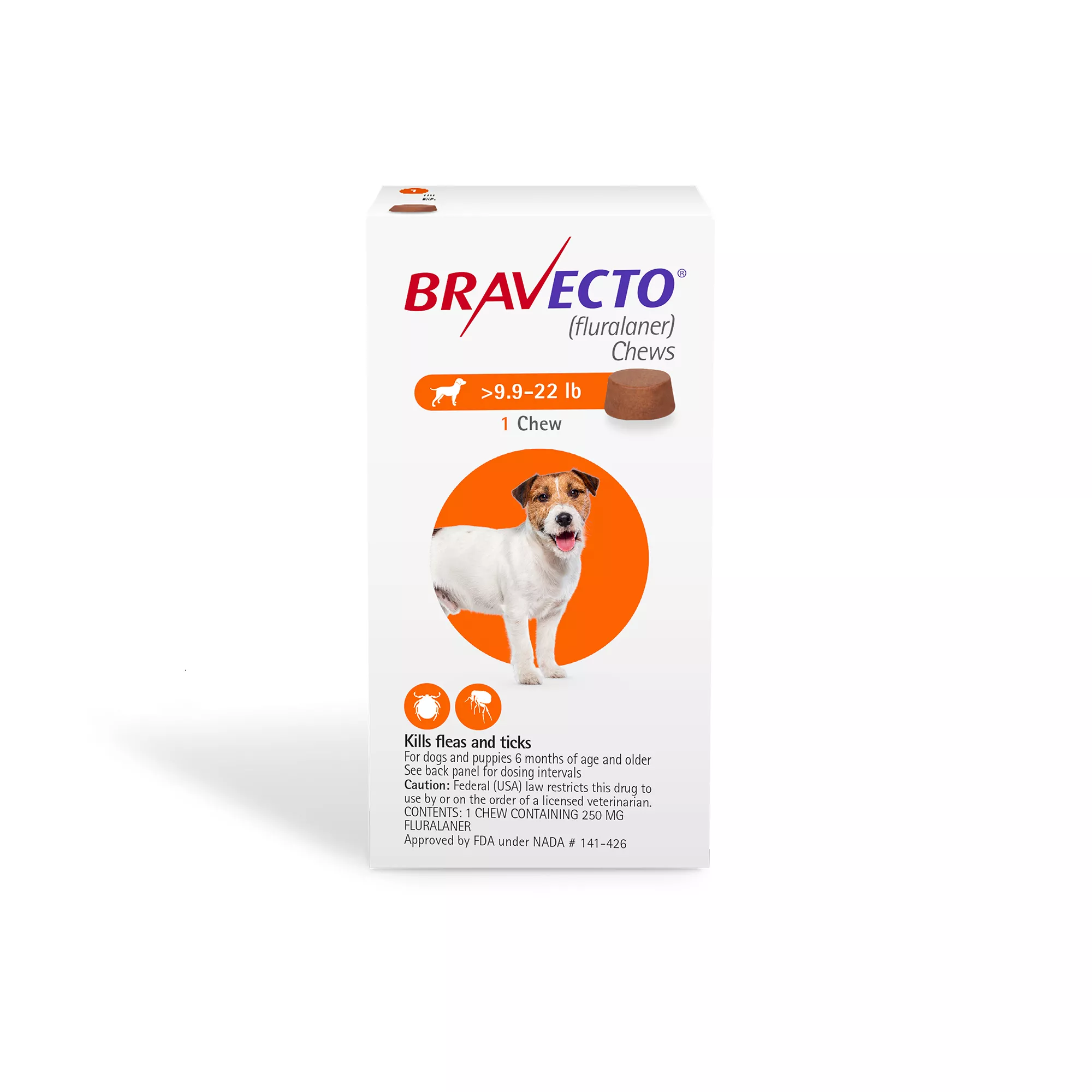 Bravecto Chews 9.9-22 lbs Orange, 250 mg 1 chewable, 12 weeks acting