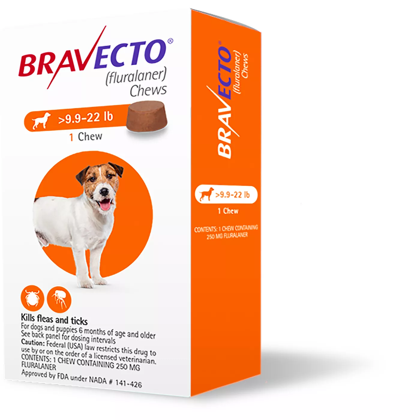 Bravecto Chews 9.9 22 lbs Orange 250 mg 1 chewable 12 weeks acting