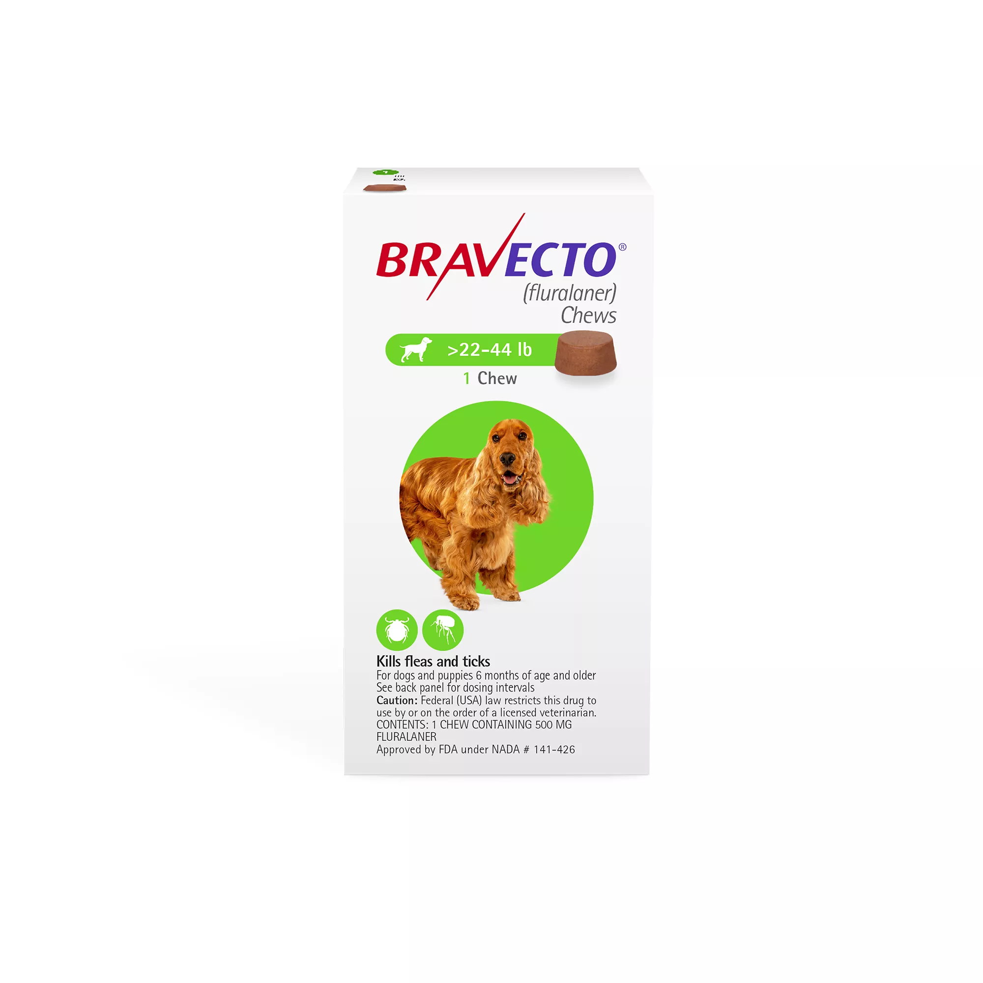 Bravecto Chews 22-44 lbs Green, 500 mg 1 chewable, 12 weeks acting