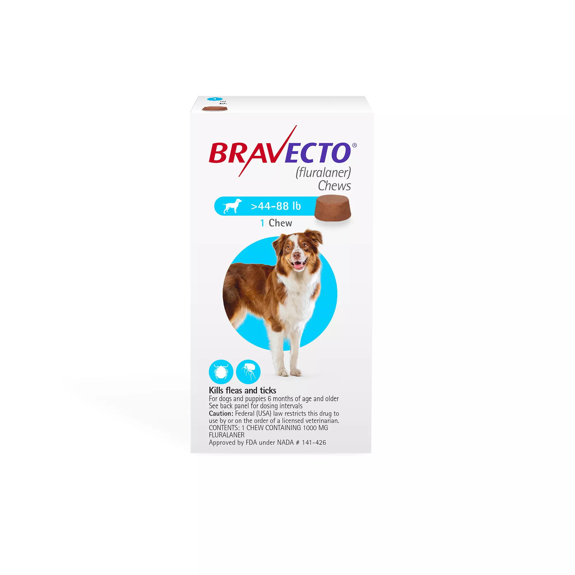 Bravecto Chews 44-88 lbs Blue, 1000 mg 1 chewable, 12 weeks acting