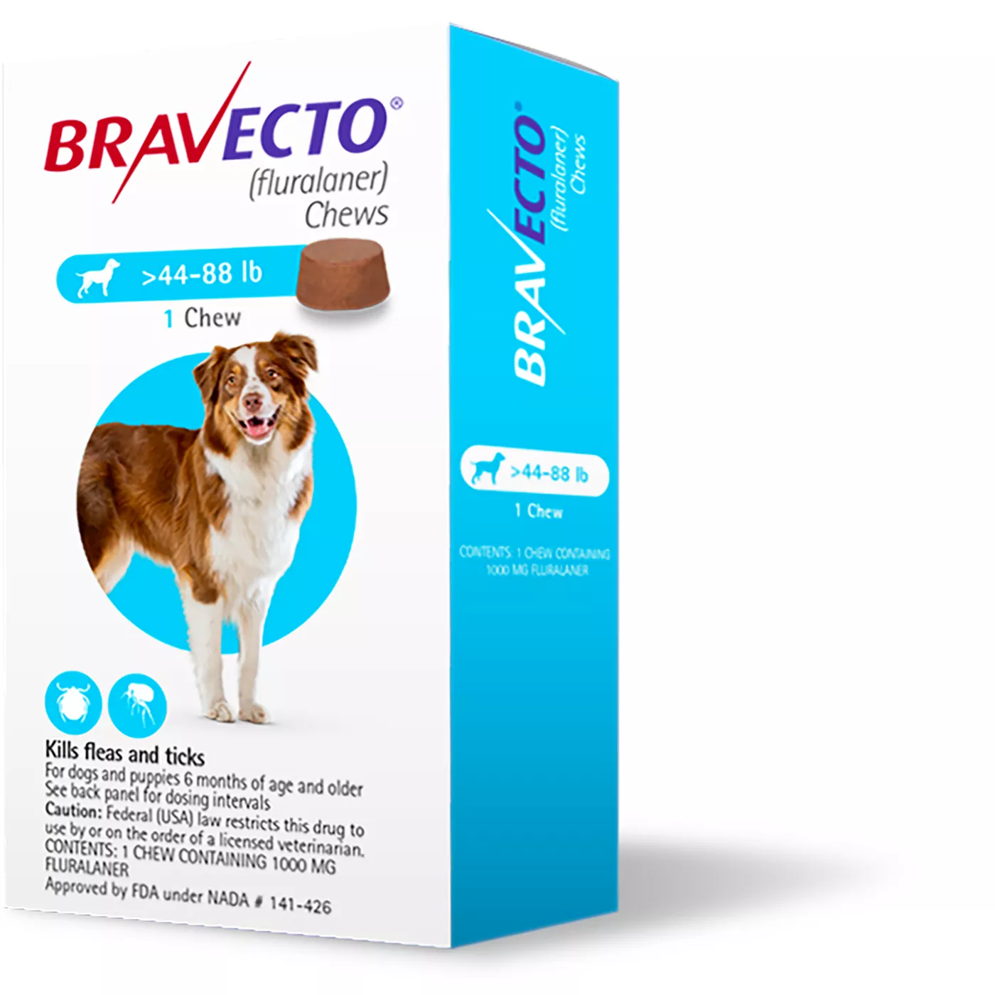 Bravecto Chews 44 88 lbs Blue 1000 mg 1 chewable 12 weeks acting