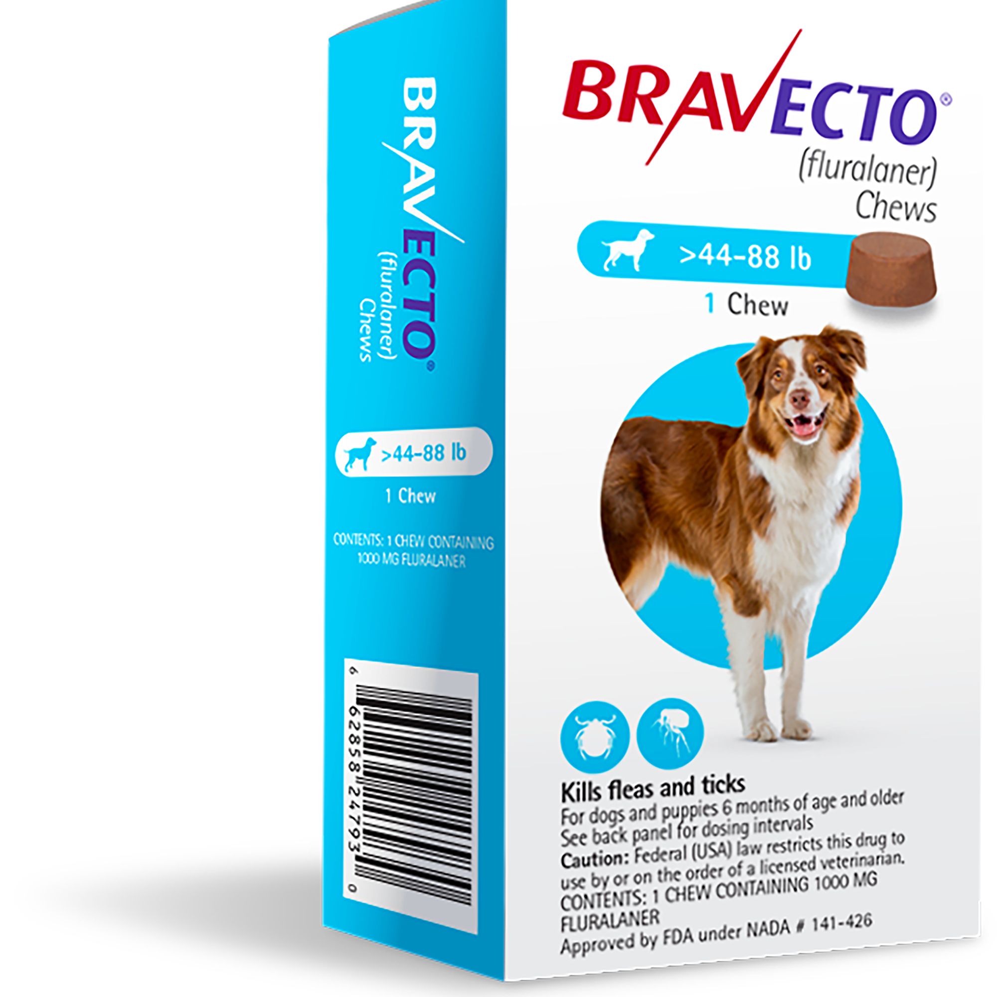 Bravecto Chews 44 88 lbs Blue 1000 mg 1 chewable 12 weeks acting