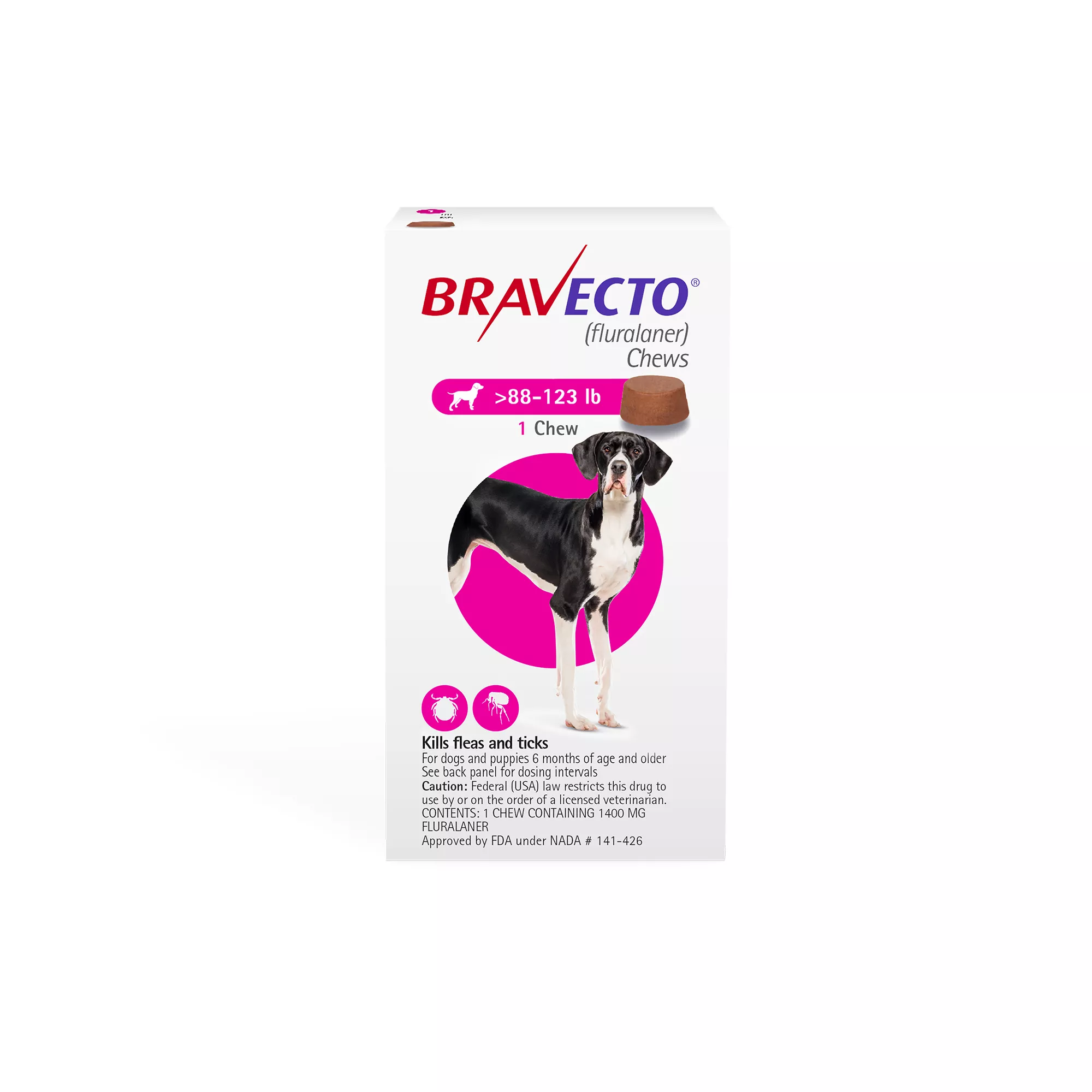 Bravecto Chews 88-123 lbs Pink, 1400 mg 1 chewable, 12 weeks acting