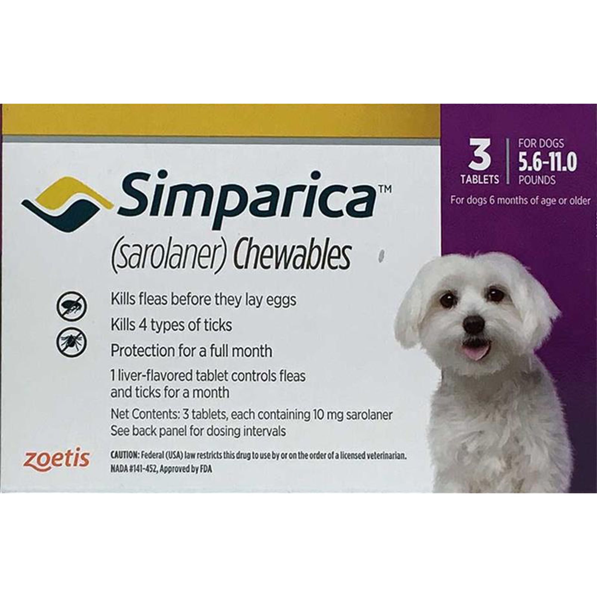 Simparica Chewable Tablets for Dogs 5.6 11 lbs Purple 3 or 6