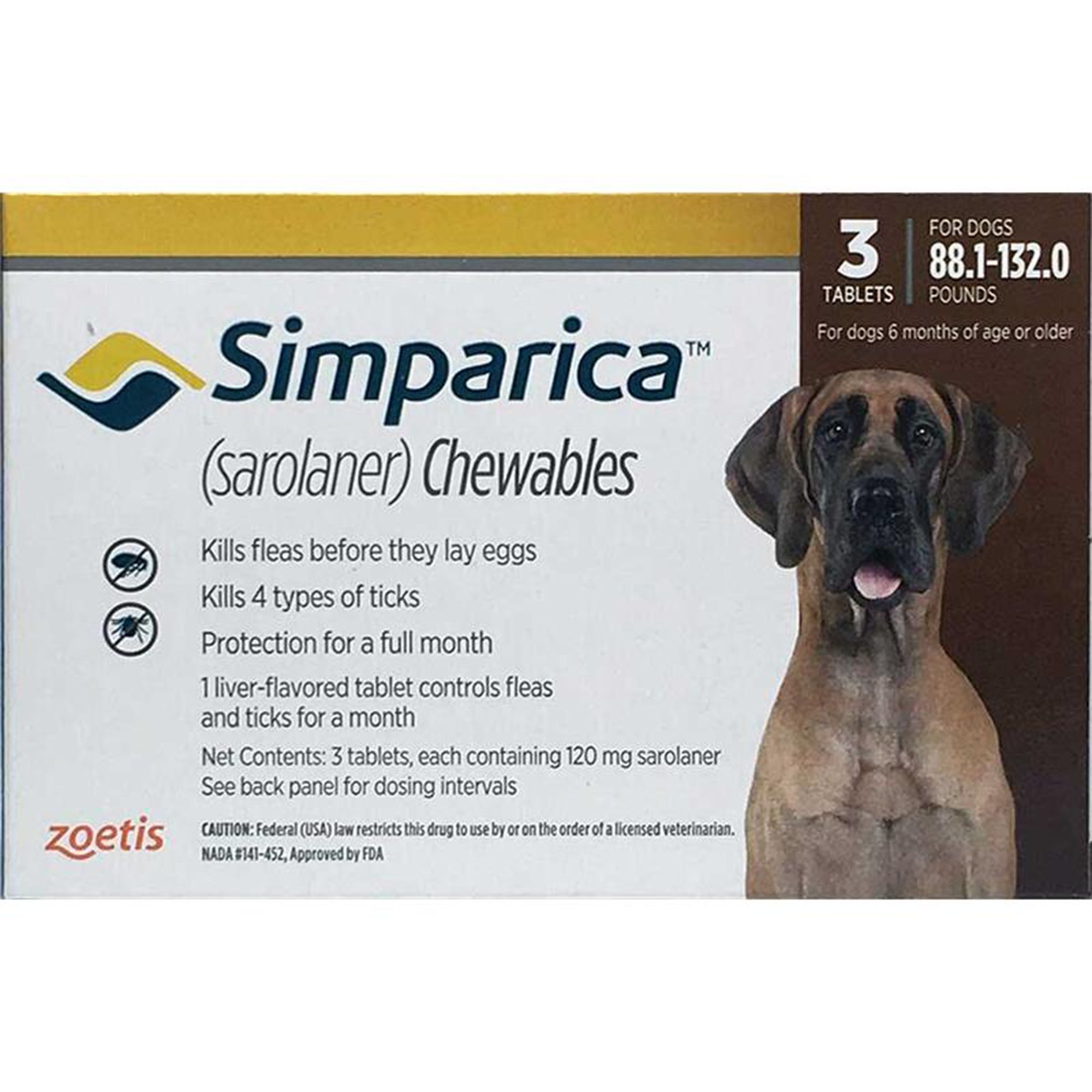 Simparica Chewable Tablets for Dogs 88 132 lbs Brown 3 or 6 Month Supply