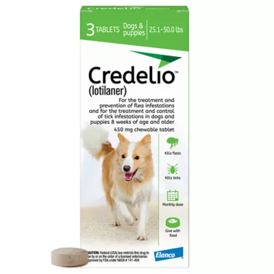 Product Credelio Flea & Tick Chewable Tablets for Dogs & Puppies 25.1-50 lbs (450 mg) Green