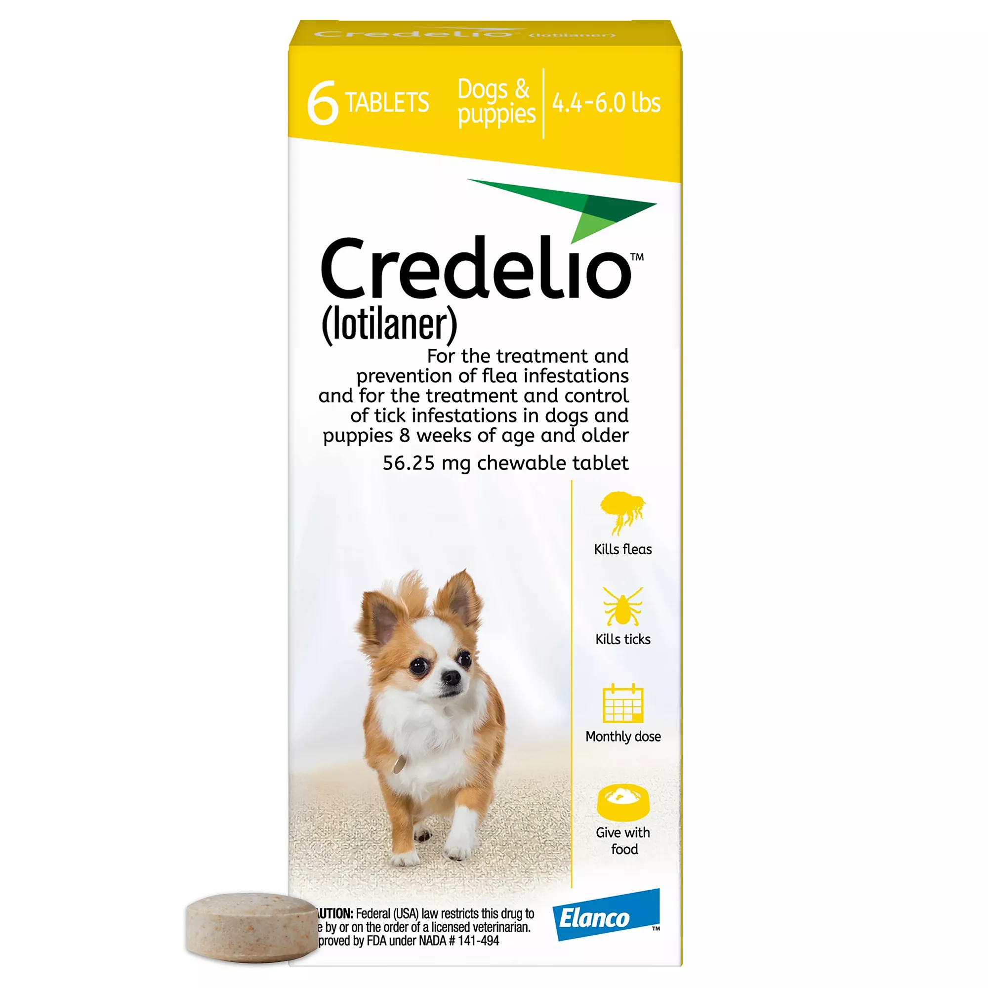 Credelio Flea & Tick Chewable Tablets for Dogs & Puppies 4.4-6 lbs (56.25 mg) Yellow