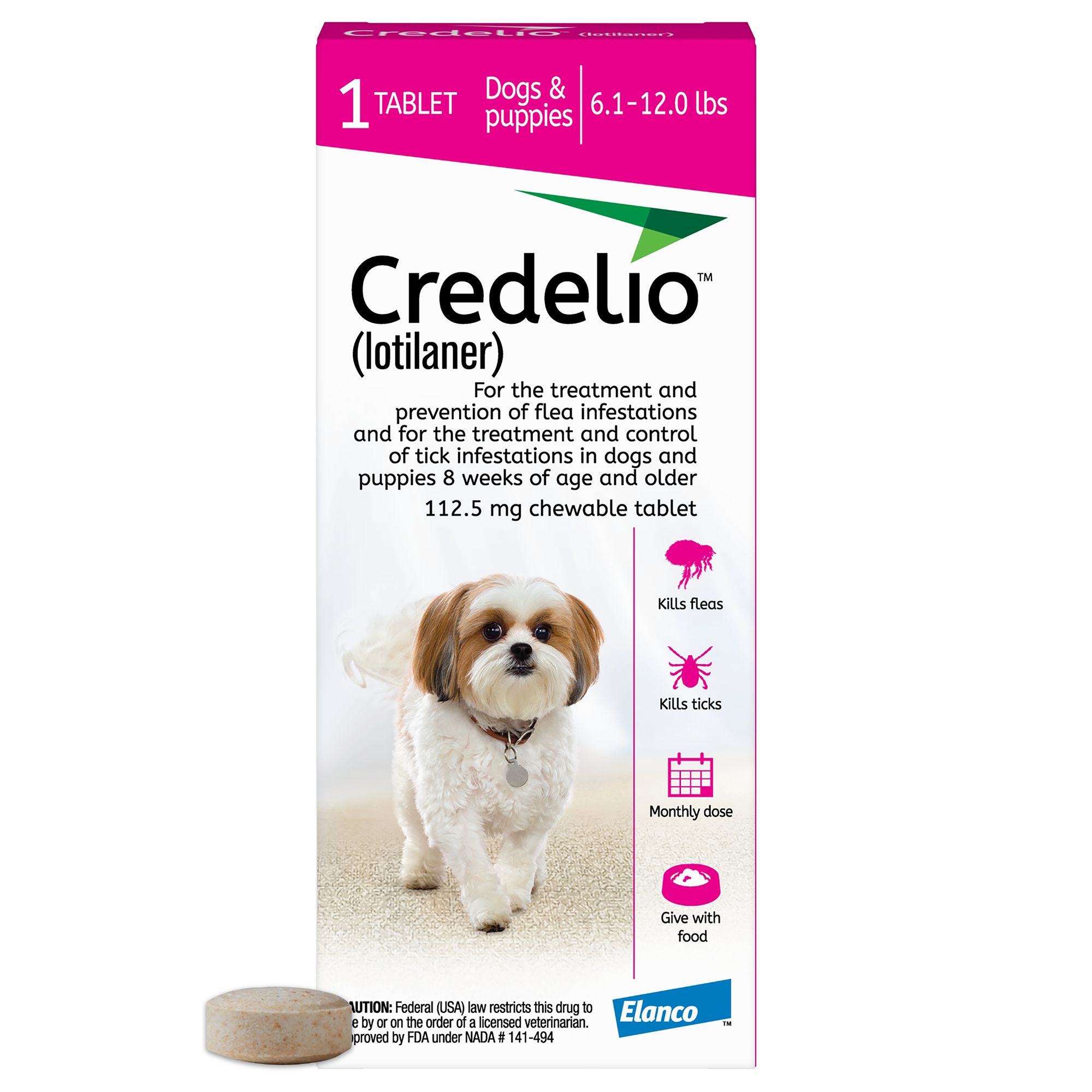 Credelio Flea Tick Chewable Tablets for Dogs Puppies 6.1 12 lbs 112.50 mg Pink