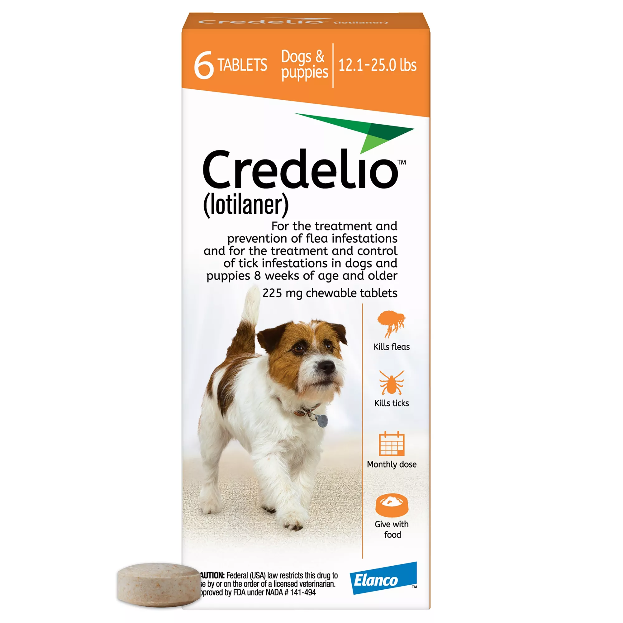 Credelio Flea & Tick Chewable Tablets for Dogs & Puppies 12.1-25 lbs (225 mg) Orange