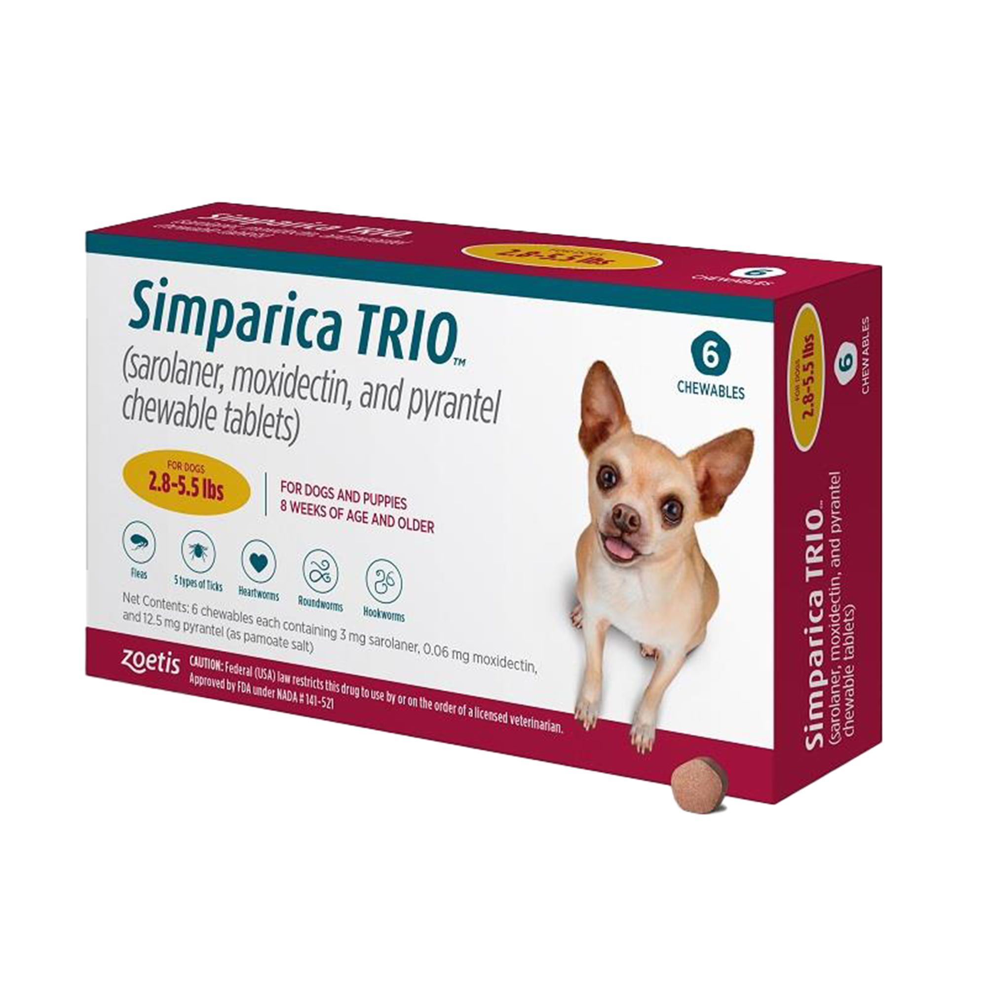 Simparica Trio Chewable Tablets for Dogs 2.8 5.5 lbs Gold Box