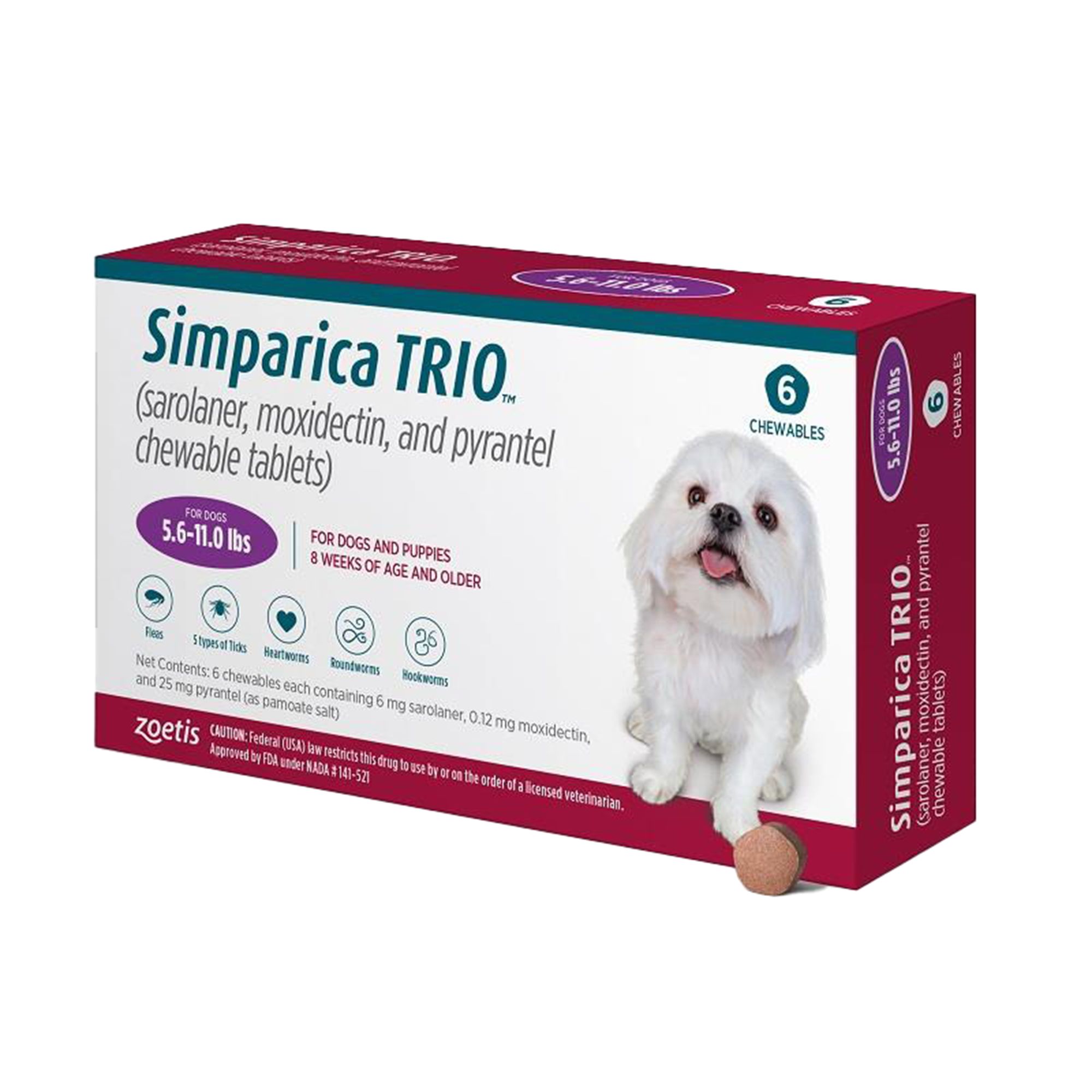 Simparica Trio Chewable Tablets for Dogs 5.6 11 lbs Purple Box