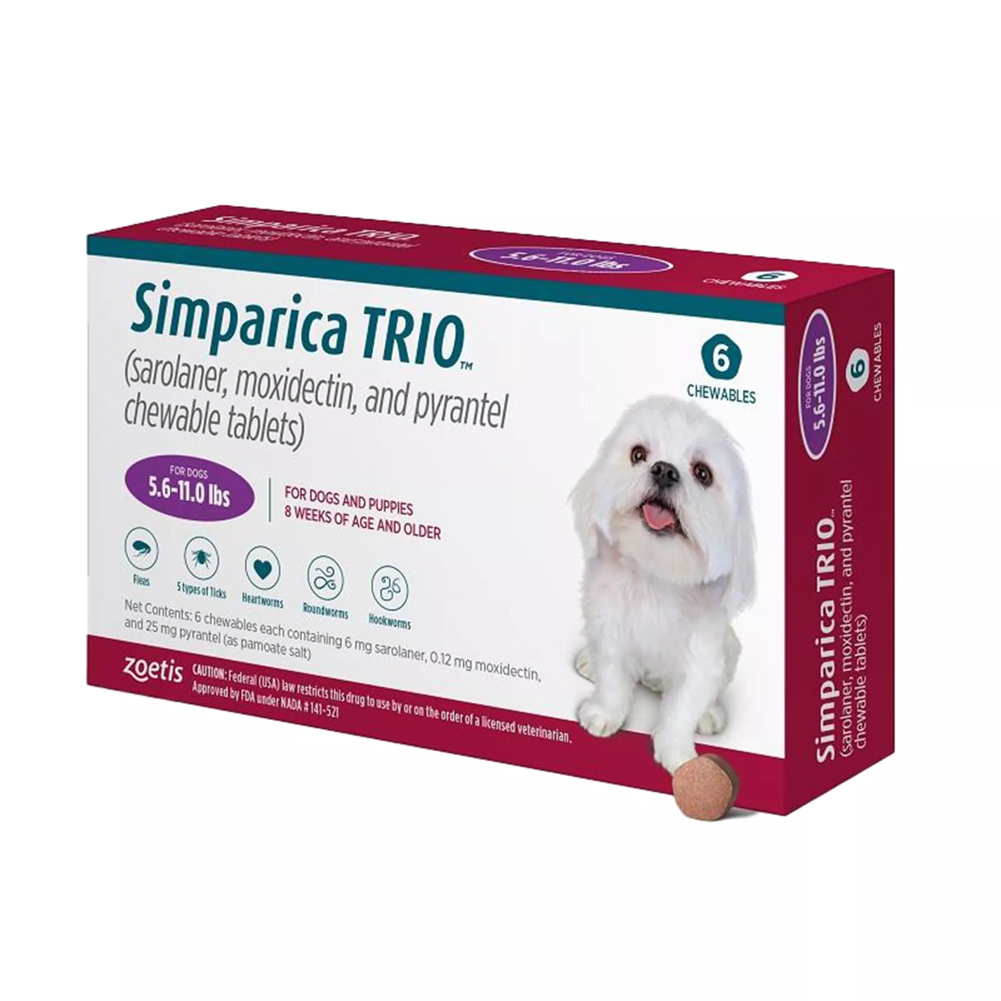 Simparica Trio Chewable Tablets for Dogs - 5.6-11 lbs, Purple Box