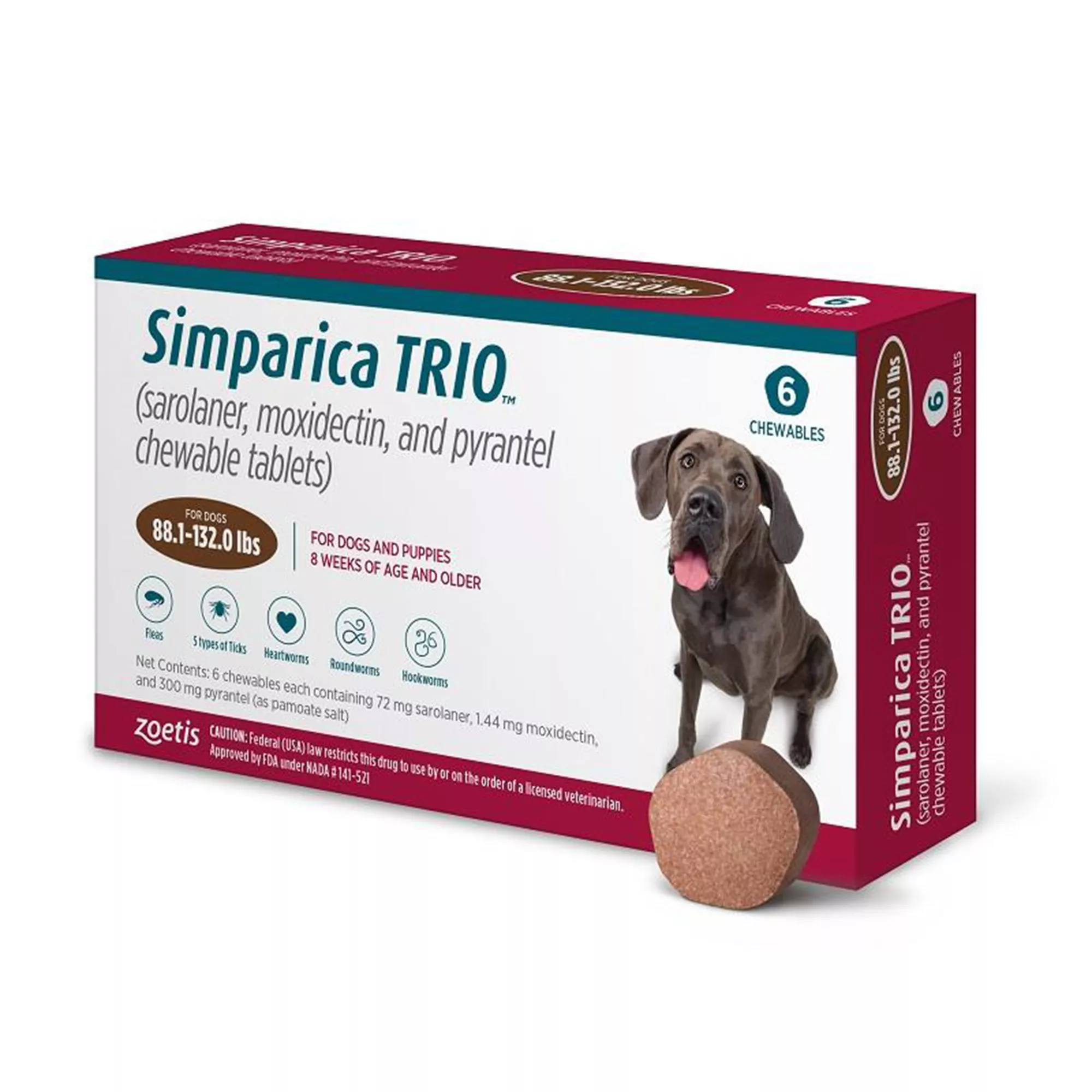 Simparica Trio Chewable Tablets for Dogs - 88.1-132 lbs, Brown Box