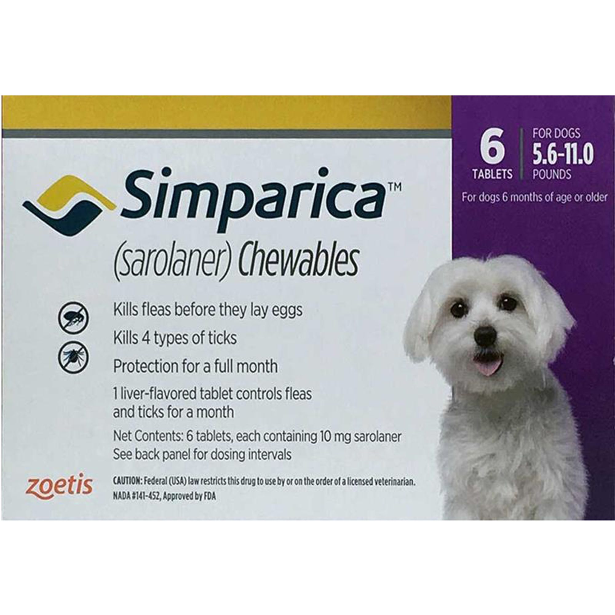 Simparica Chewable Tablets for Dogs 5.6 11 lbs Purple 3 or 6 Month Supply