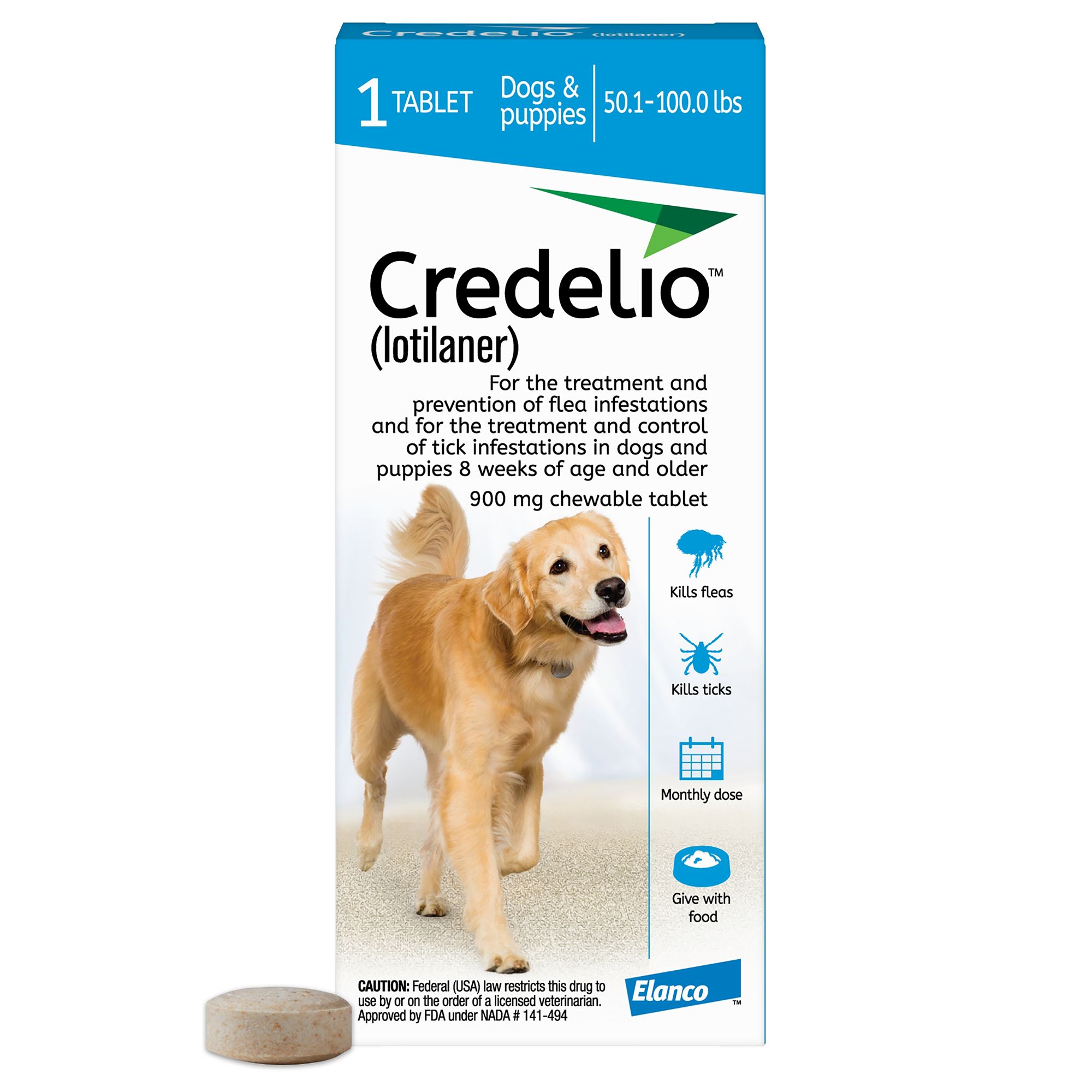 Credelio Flea Tick Chewable Tablets for Dogs Puppies 50.1 100 lbs 900 mg Blue