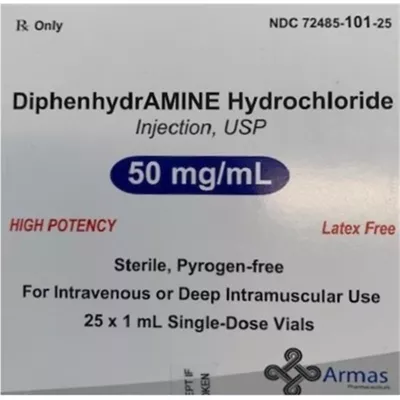 Product Diphenhydramine Hydrochloride Injection, USP 50 mg/ml, 1 ml vial (Box of 25)