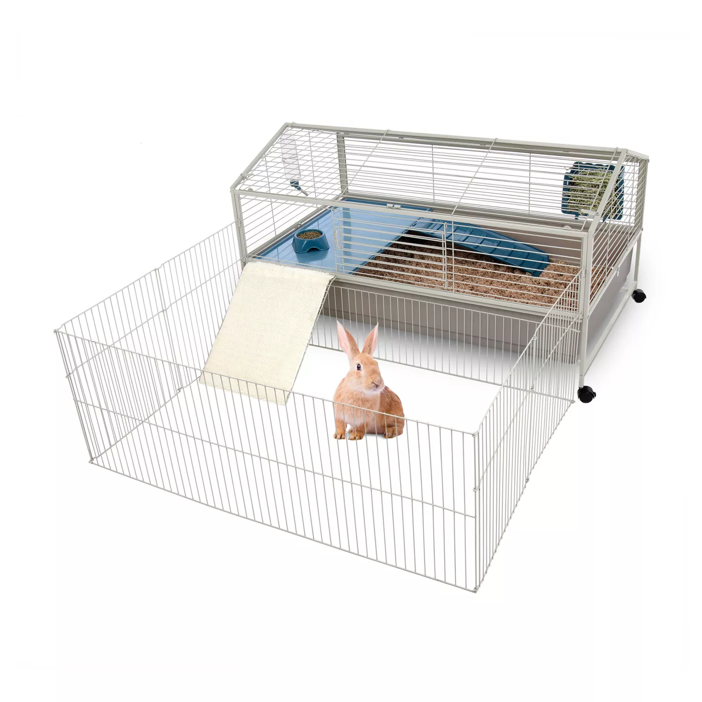 Full Cheeks Courtyard Rabbit Habitat Includes Cage Play Yard Feeding Cage Accessories