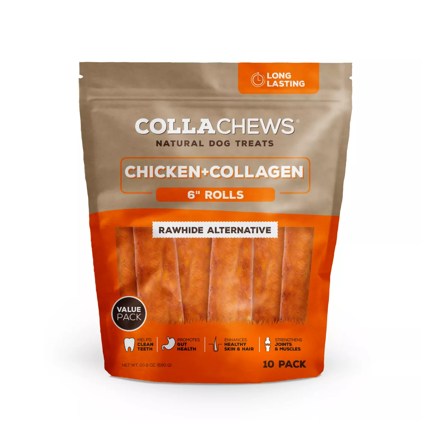 Collachews Rawhide Alternative 6 Rolls Collagen Dog Treats Natural Chicken