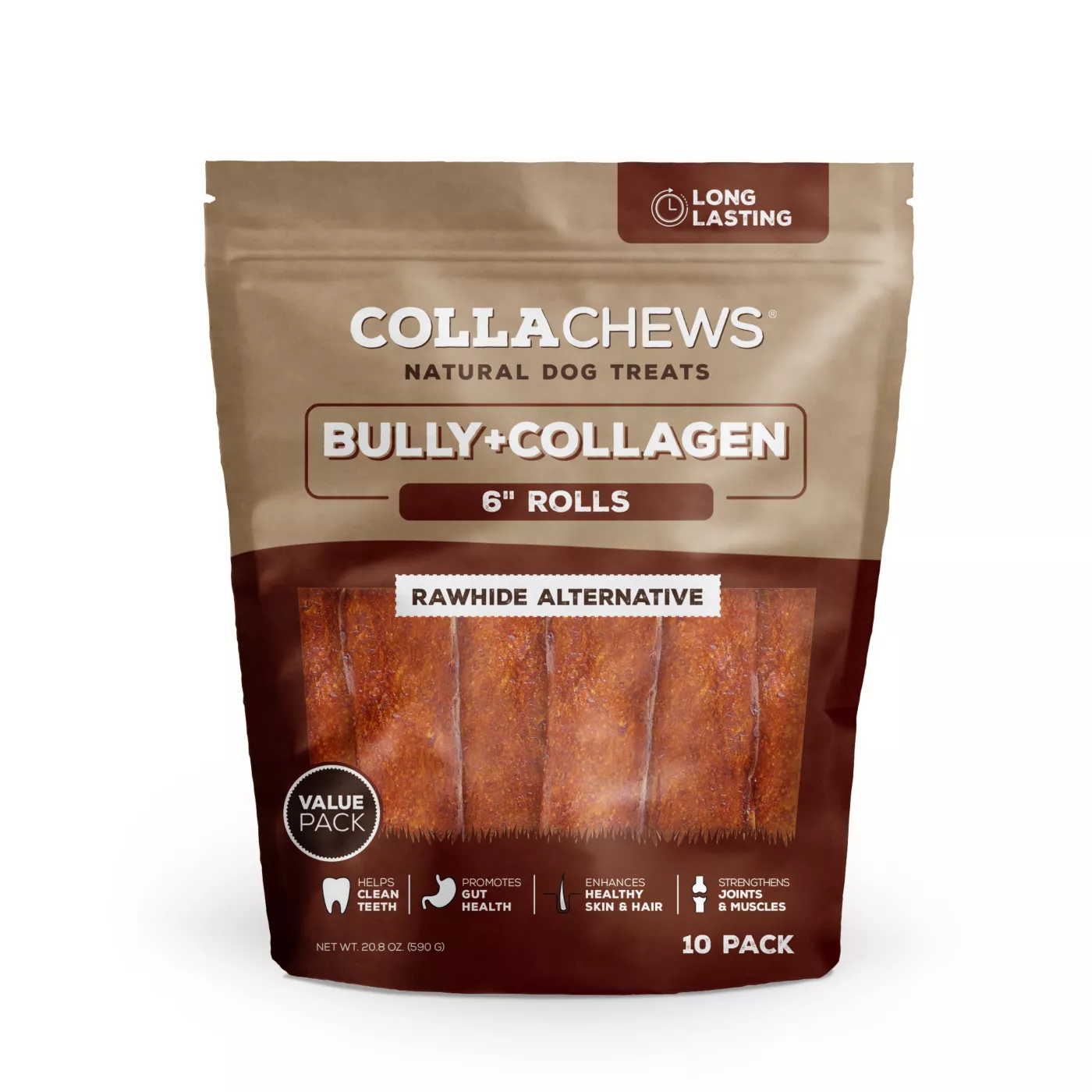 Collachews Rawhide Alternative 6 Rolls Collagen Dog Treats Natural Bully