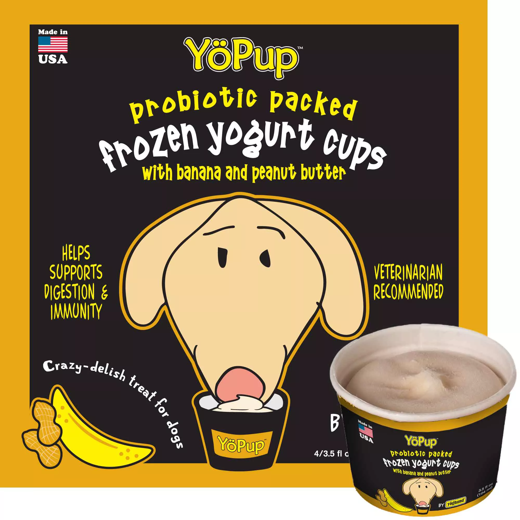 YoPup Banana & Peanut Butter Yogurt Cups All Life Stages Frozen Dog Treats - 3.5 fl oz, 4 Pack