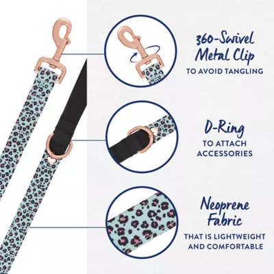 Product Top Paw® Teal Cheetah Neoprene Dog Leash: 4-ft long, 1-in wide