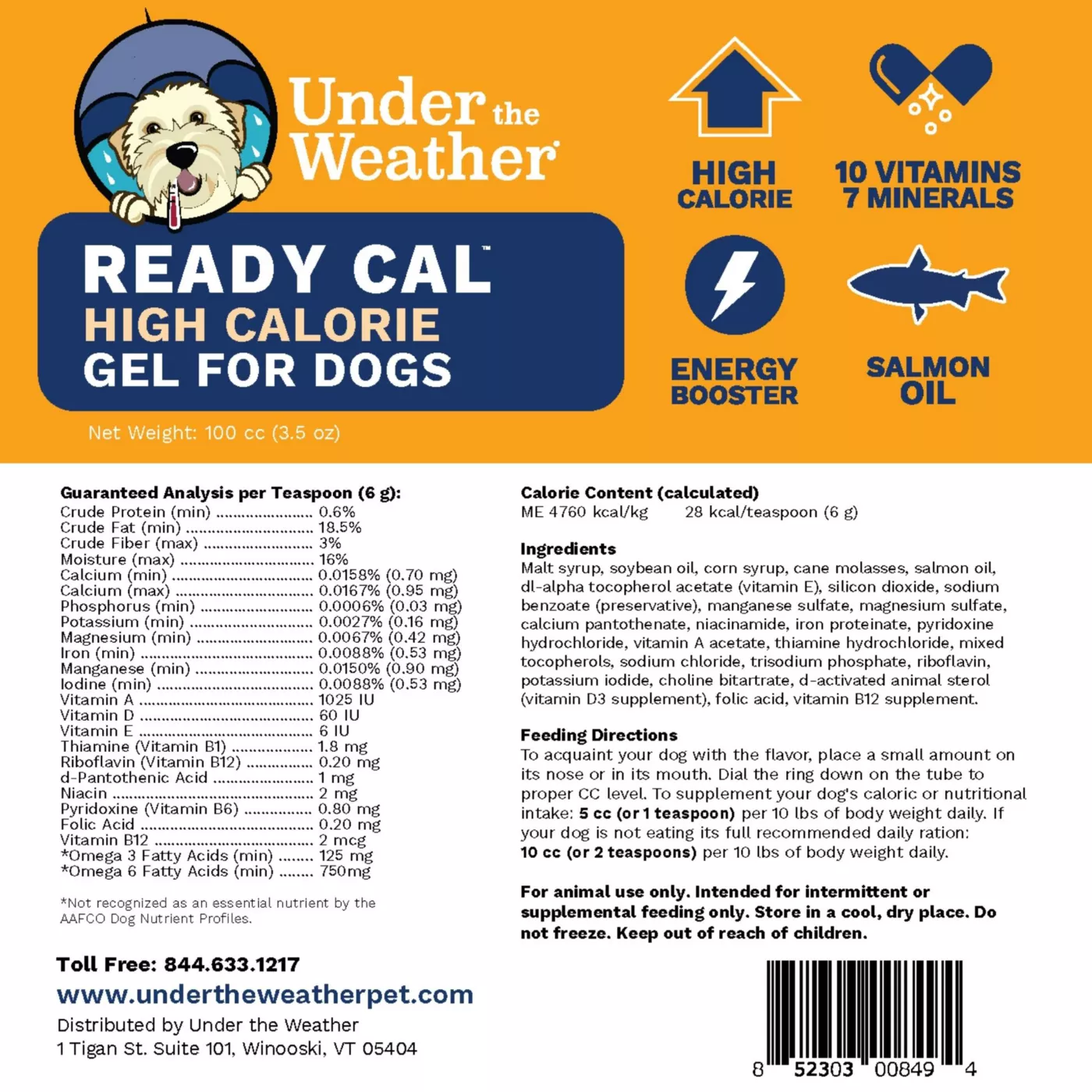 Under the Weather Ready Cal High Calorie Food Nutritional Gel Dog Supplement 100 cc syringe