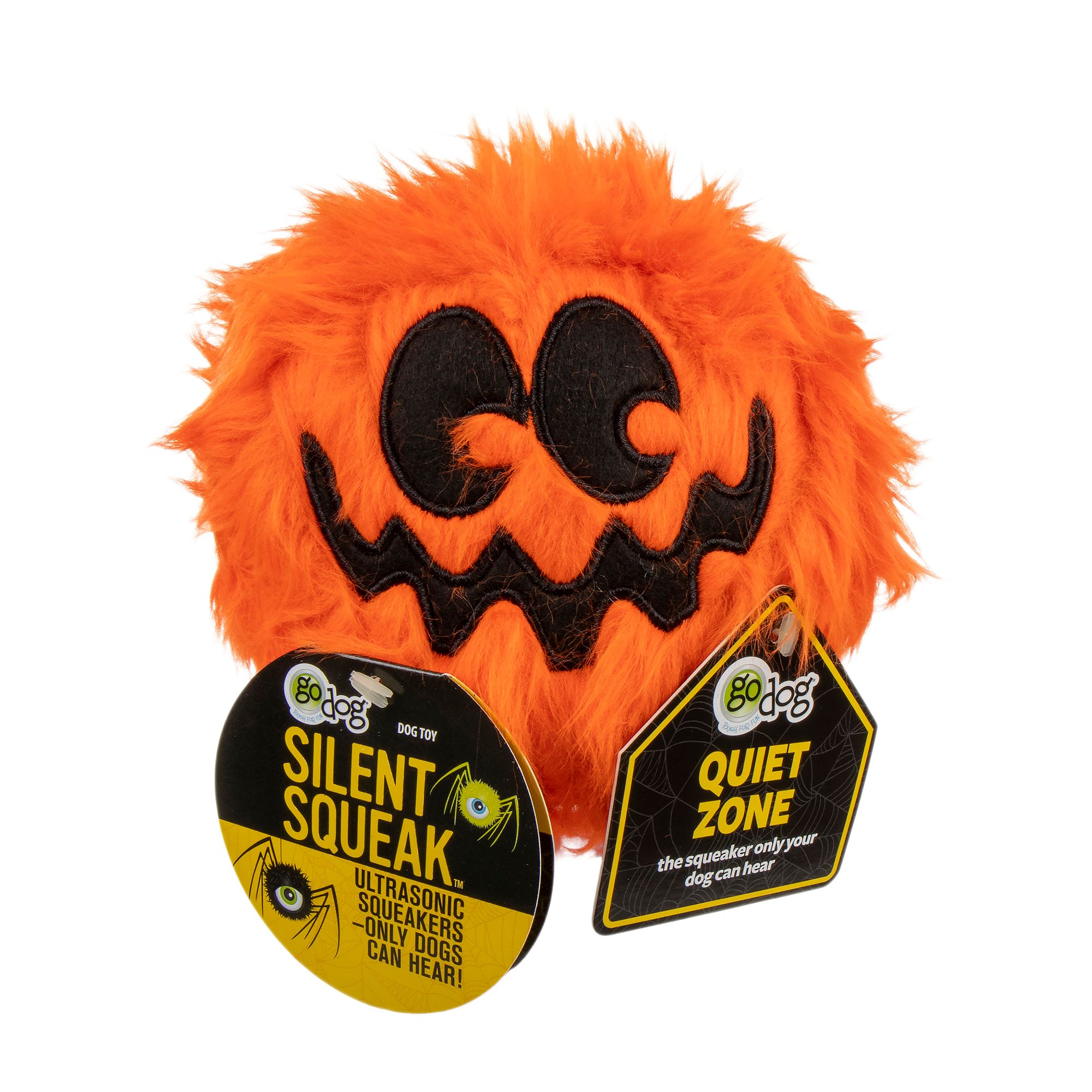 goDog® Silent Squeak™ Halloween Pumpkin Plush Ultrasonic Squeaker Dog