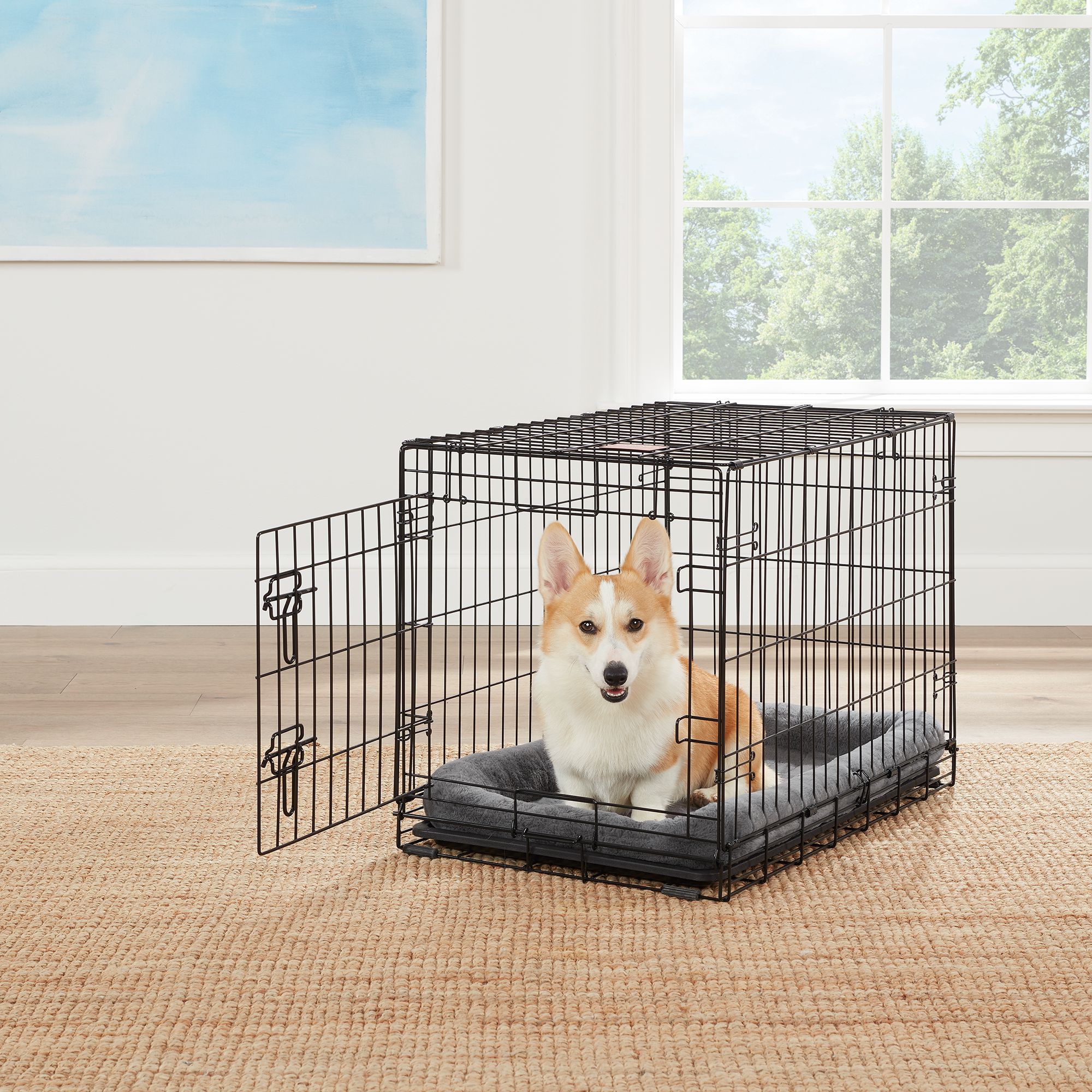 Dog crate with shop door on top