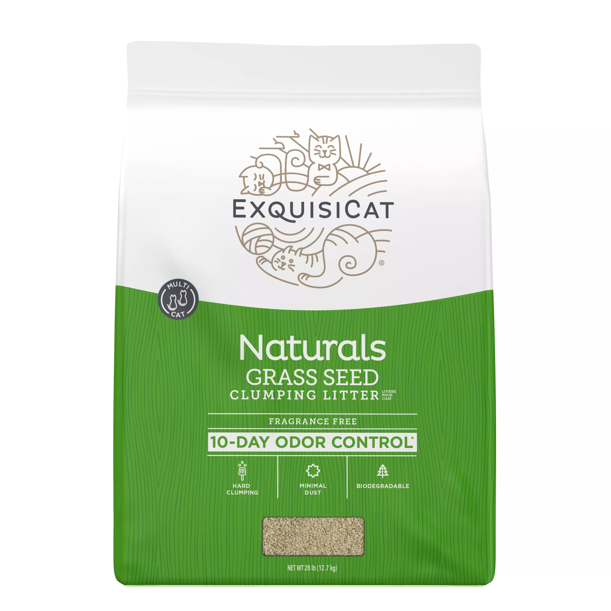 ExquisiCat Naturals Clumping Multi-Cat Grass Seed Cat Litter - Unscented, Low Dust, Natural