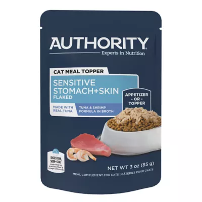 Product  Authority Sensitive Stomach + Skin Support Tuna & Shrimp Formula in Broth Flaked Cat Meal Topper3oz