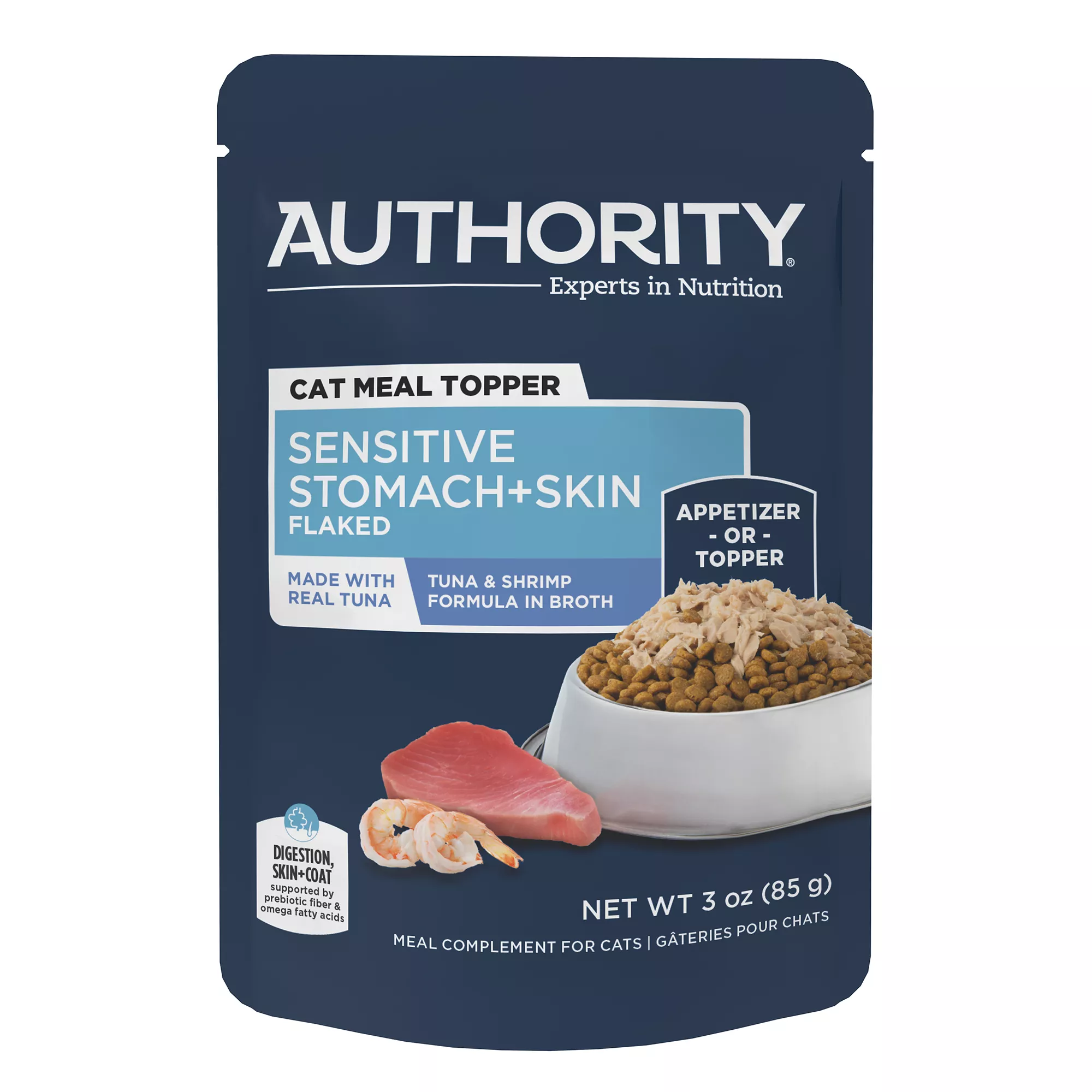  Authority Sensitive Stomach + Skin Support Tuna & Shrimp Formula in Broth Flaked Cat Meal Topper3oz