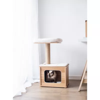 Product Catry 30-in Wooden Brown Cat Condo with Top Perch, Brown & White