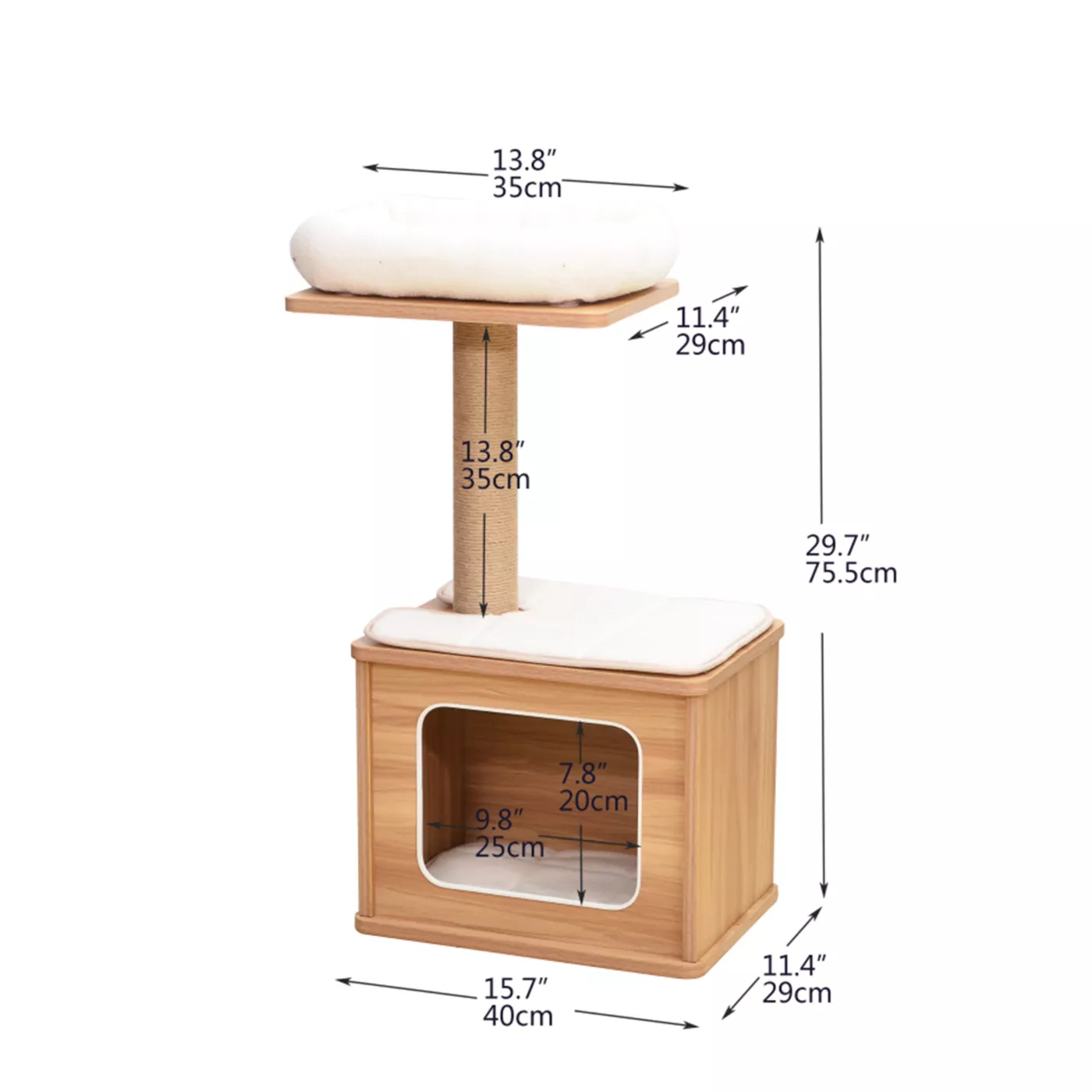 Catry 30in Wooden Brown Cat Condo with Top Perch, Brown & White