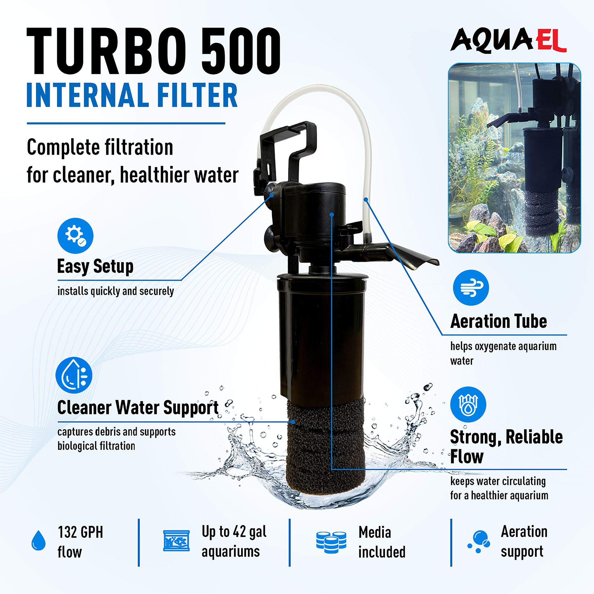 Aquael® Turbo 500 Internal Aquarium Filter - Internal Fish Tank Filter - thumbnail 2