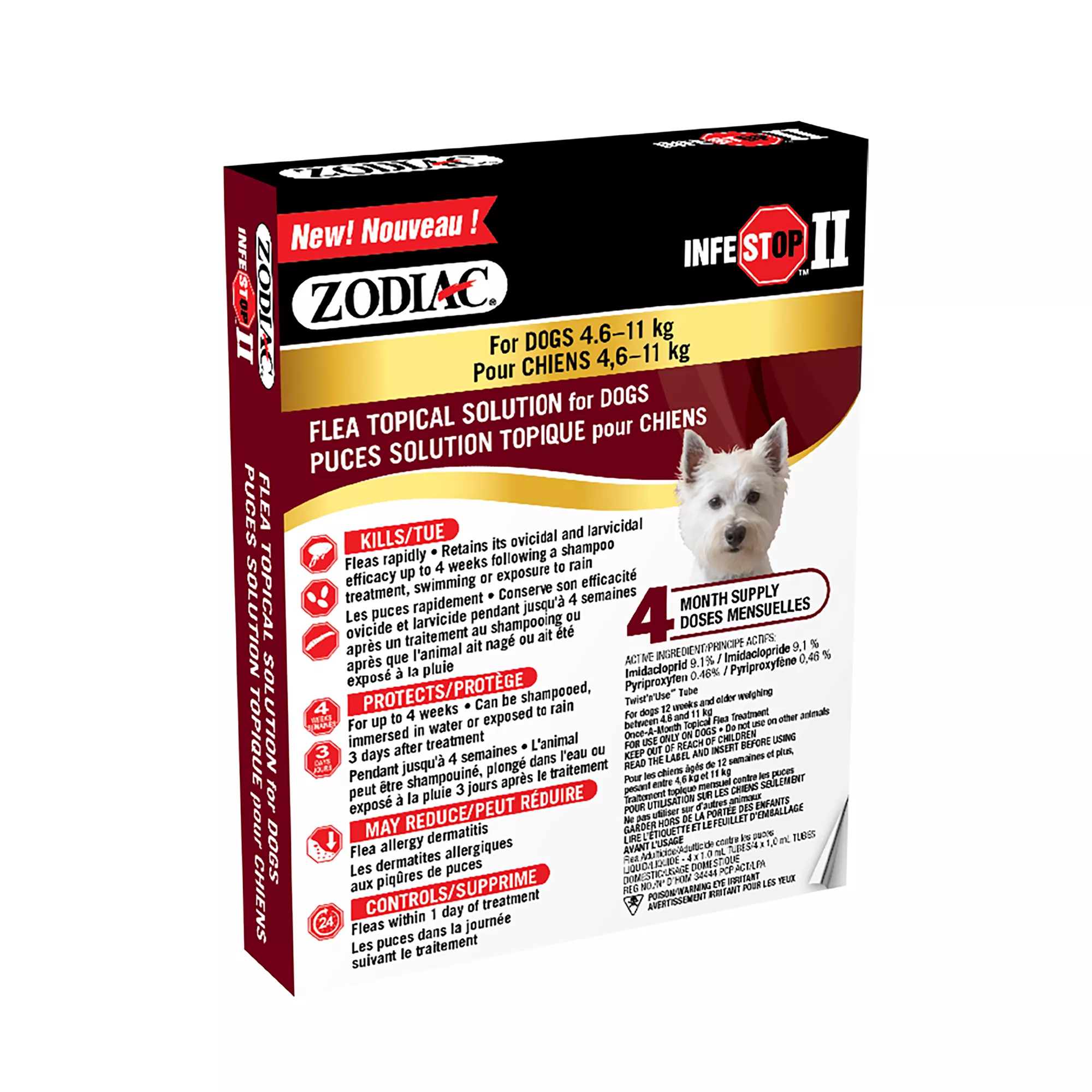 Zodiac Infestop II Flea Topical Solution for Dogs 4.6-11 kg - 4 Count