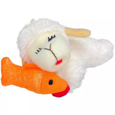 Product Multipet® Lamb Chop Cat Holding Sparkle Orange Fish Cat Toy