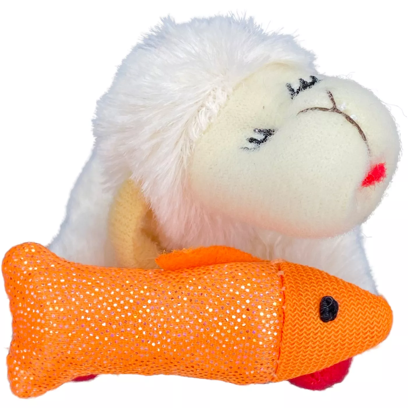 Multipet Lamb Chop Cat Holding Sparkle Orange Fish Cat Toy