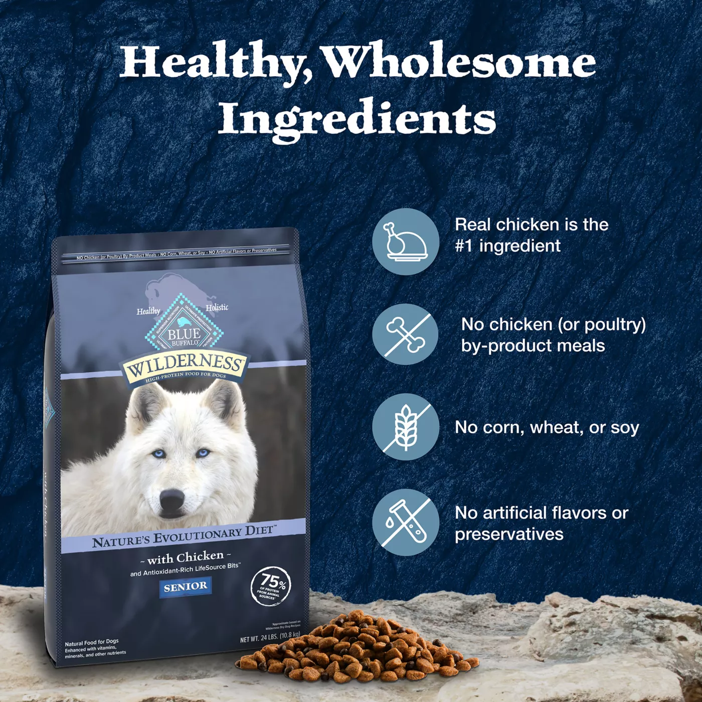 Blue Wilderness Senior Dry Dog Food Wholesome Grains High Protein Natural Chicken