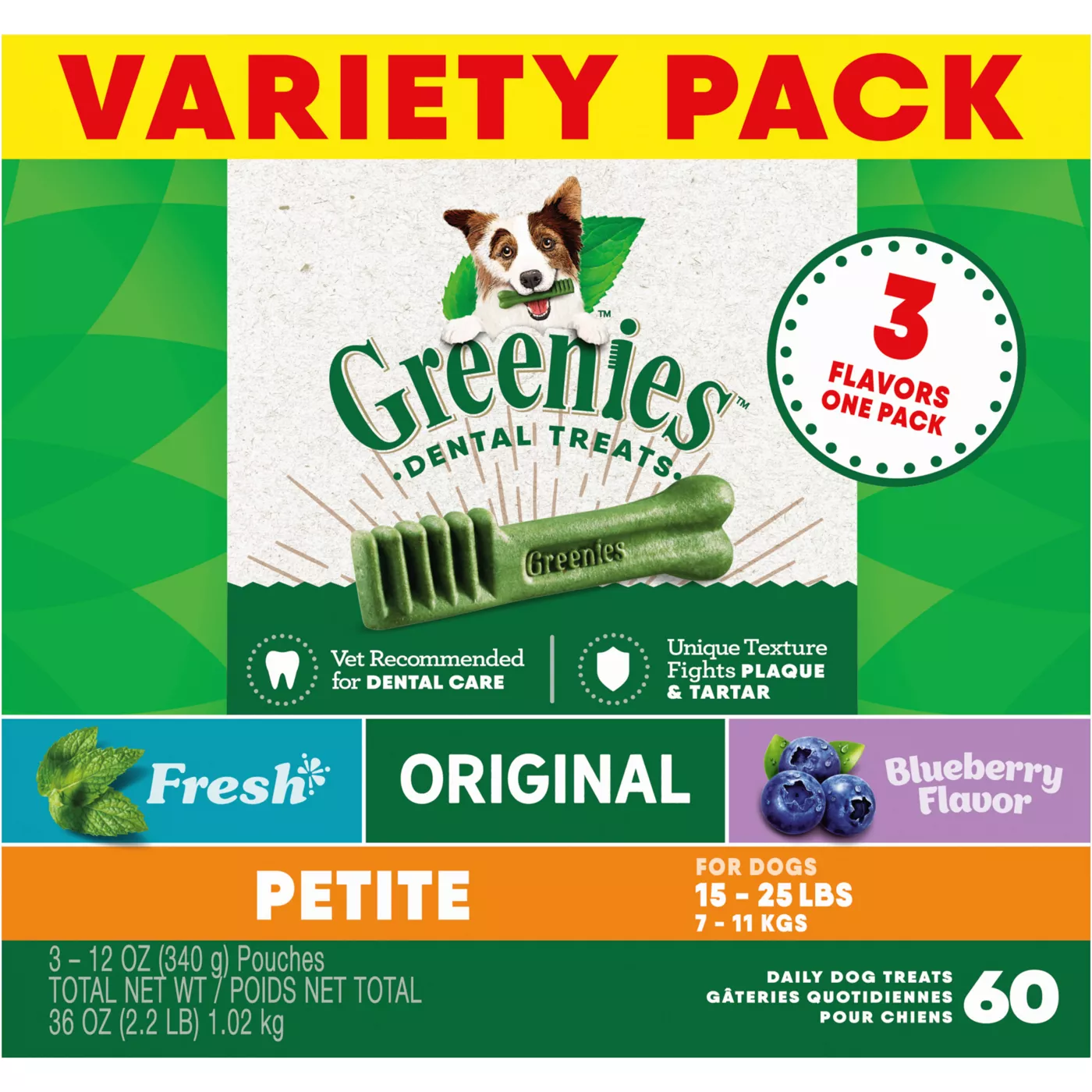 Greenies Petite Natural Adult Dog Dental Treats Variety Pack Original Minty Blueberry