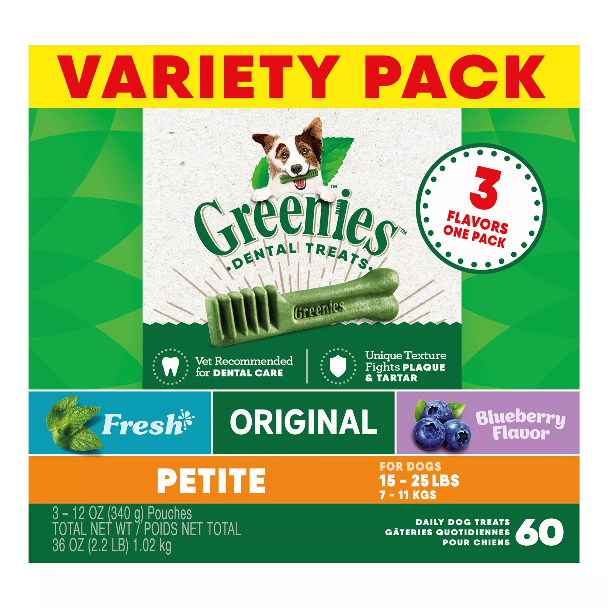 Greenies Petite Natural Adult Dog Dental Treats Variety Pack - Original, Minty & Blueberry