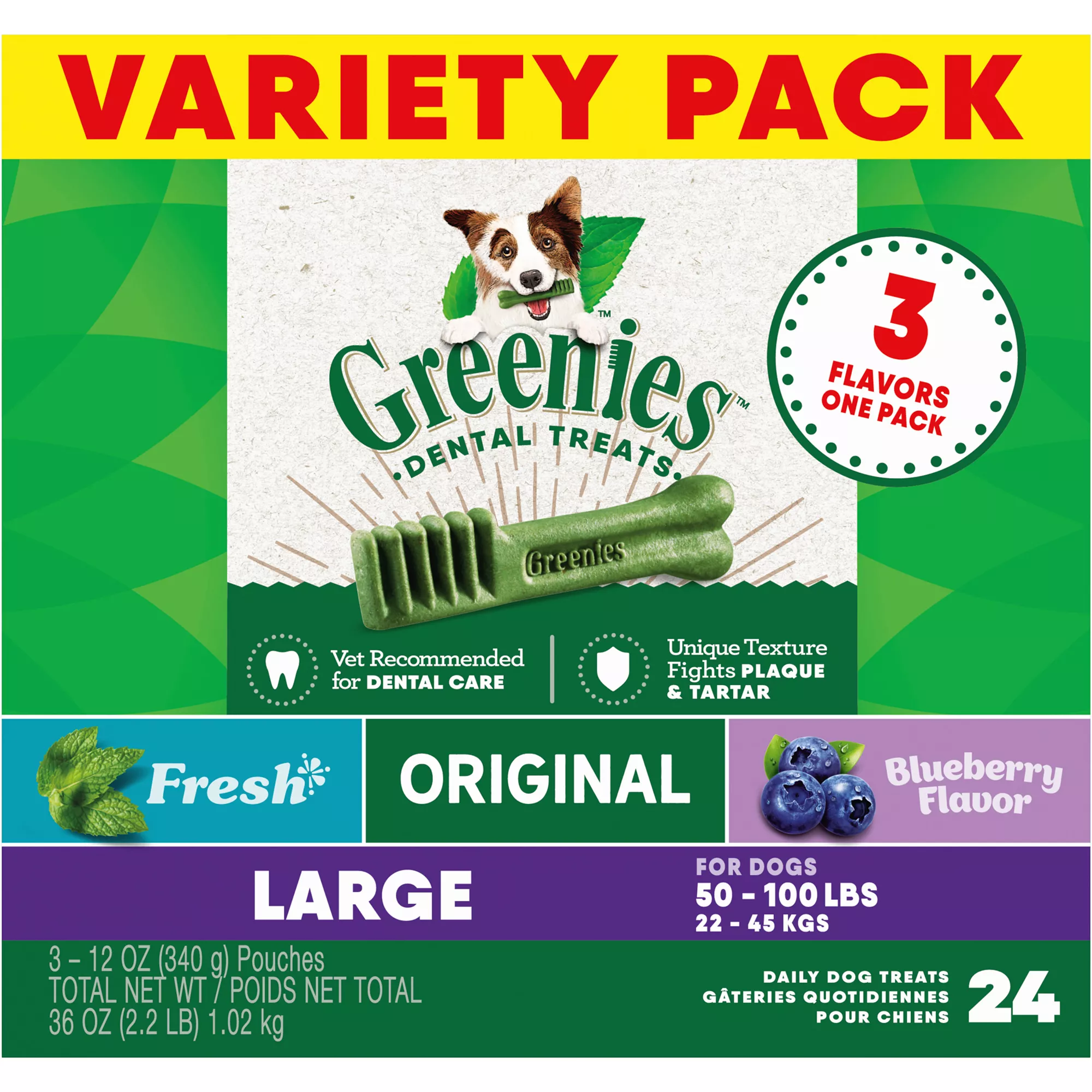 Greenies Large Natural Adult Dog Dental Treats Variety Pack - Original, Minty & Blueberry