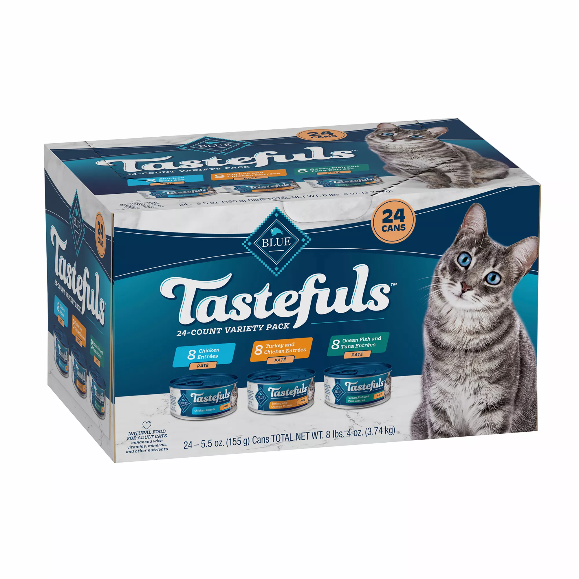 Blue Tastefuls Chicken, Turkey & Chicken, Ocean Fish & Tuna Entrees Variety Pack - Pate, 24 Ct