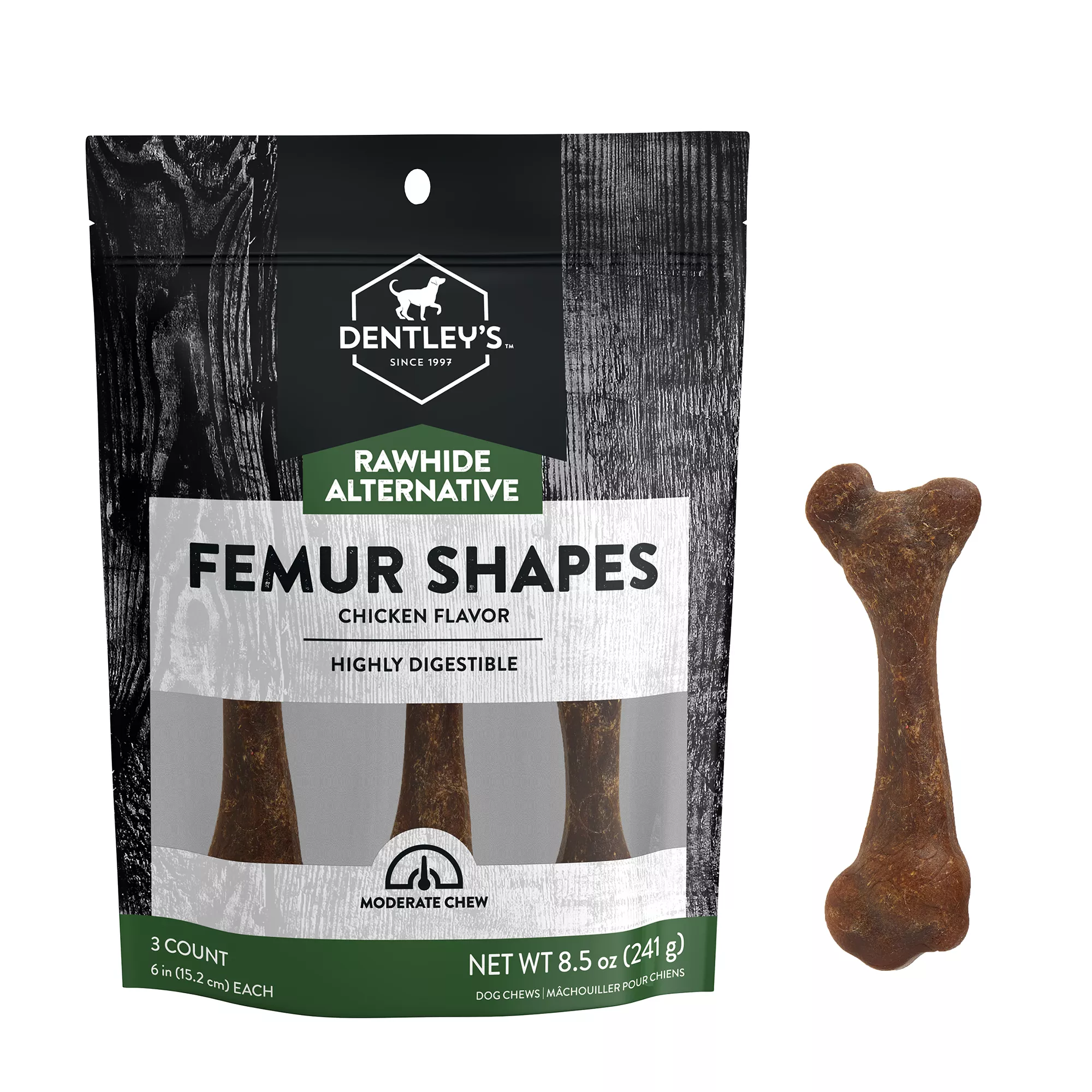 Dentley's Rawhide-Free 6 Inch Femur Bone-Shaped All Life Stage Dog Chew Treats - Chicken
