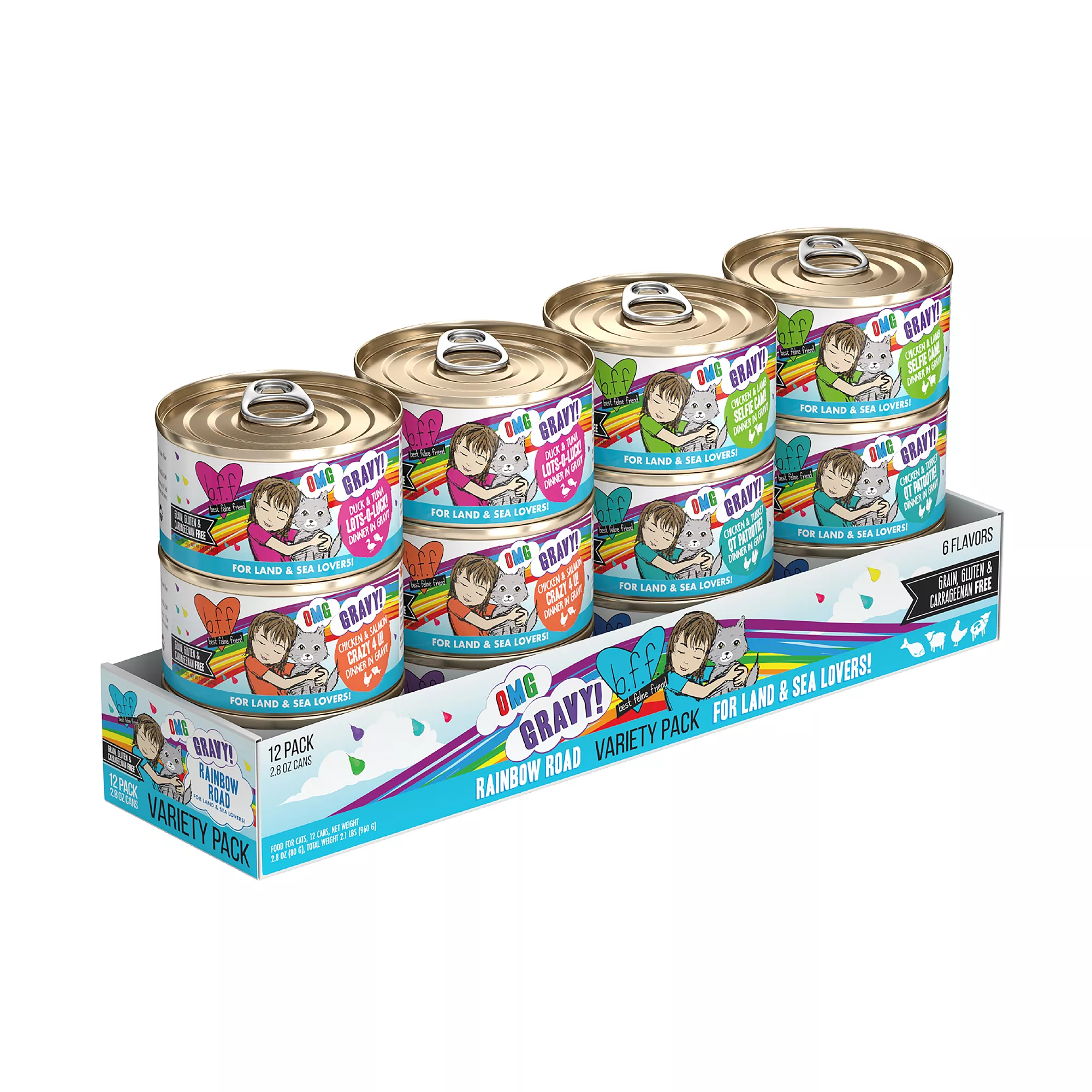 B.F.F. OMG Gravy! For Land & Sea Lovers Rainbow Road Wet Cat Food - Variety Pack, 12ct