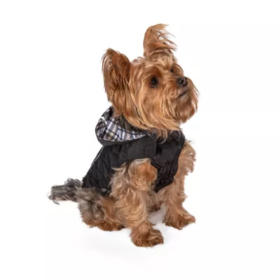 Product Hip Doggie Hooded Black & Tan Plaid Reversible Dog Raincoat