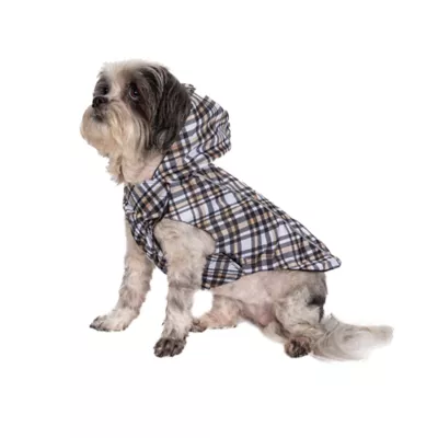 Product Hip Doggie Hooded Black & Tan Plaid Reversible Dog Raincoat